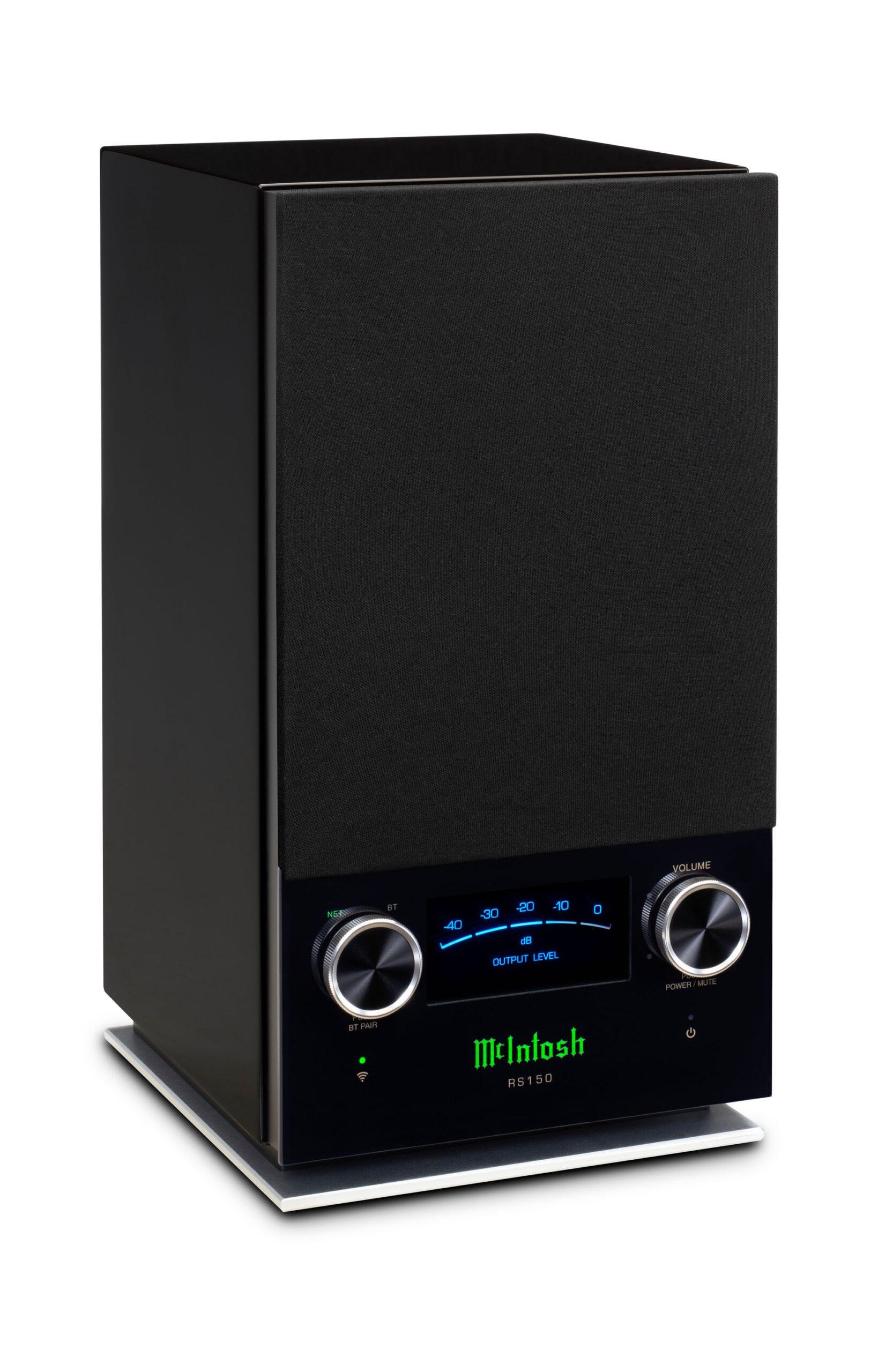Two wireless speakers, the RS150 and RS250, offer streaming convenience with unmistakable McIntosh style, quality & performance. McIntosh 013686bf rs150 angle left hi res scaled