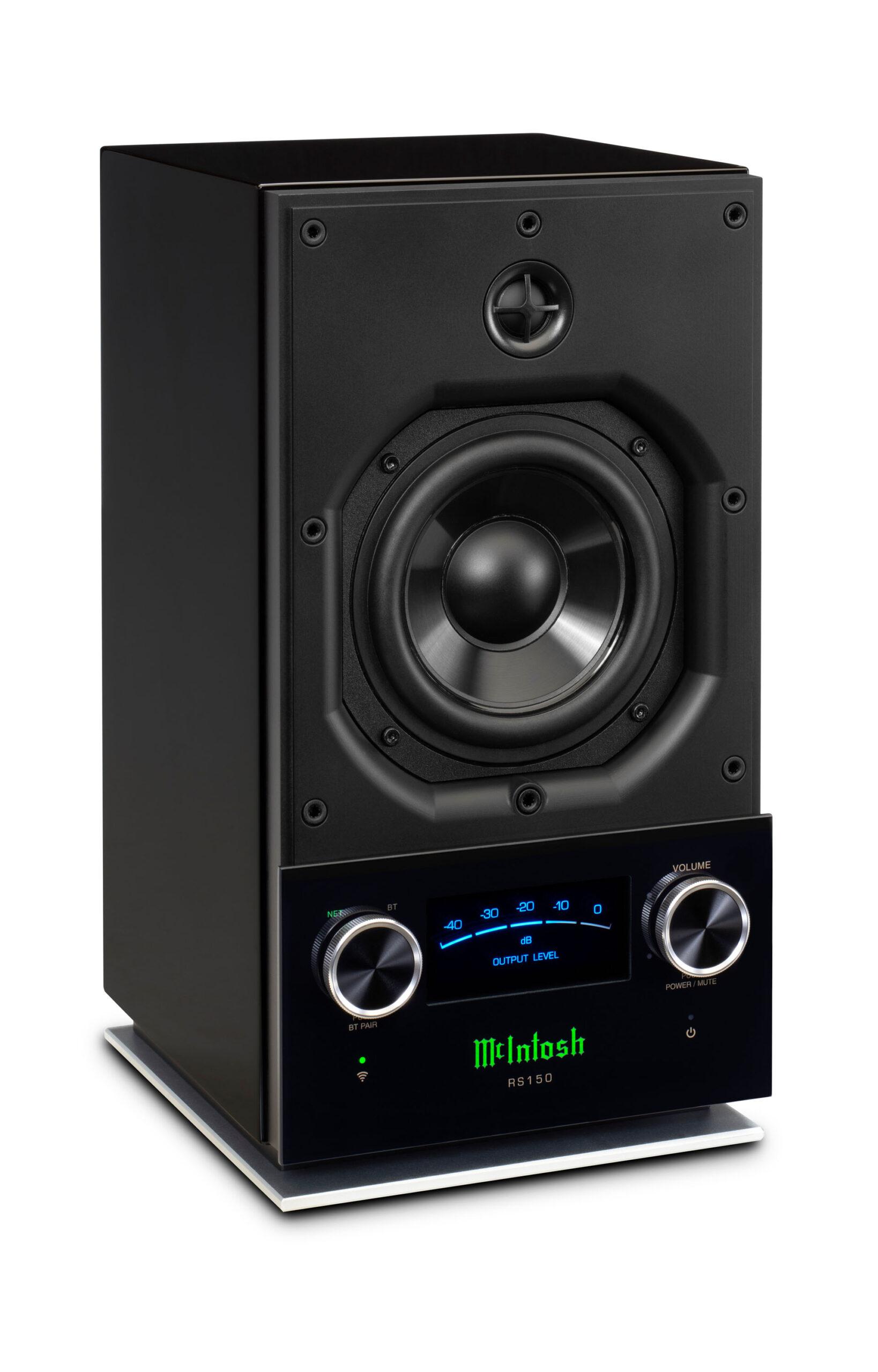 Two wireless speakers, the RS150 and RS250, offer streaming convenience with unmistakable McIntosh style, quality & performance. McIntosh 23d9f24a rs150 angle left no grille hi res scaled