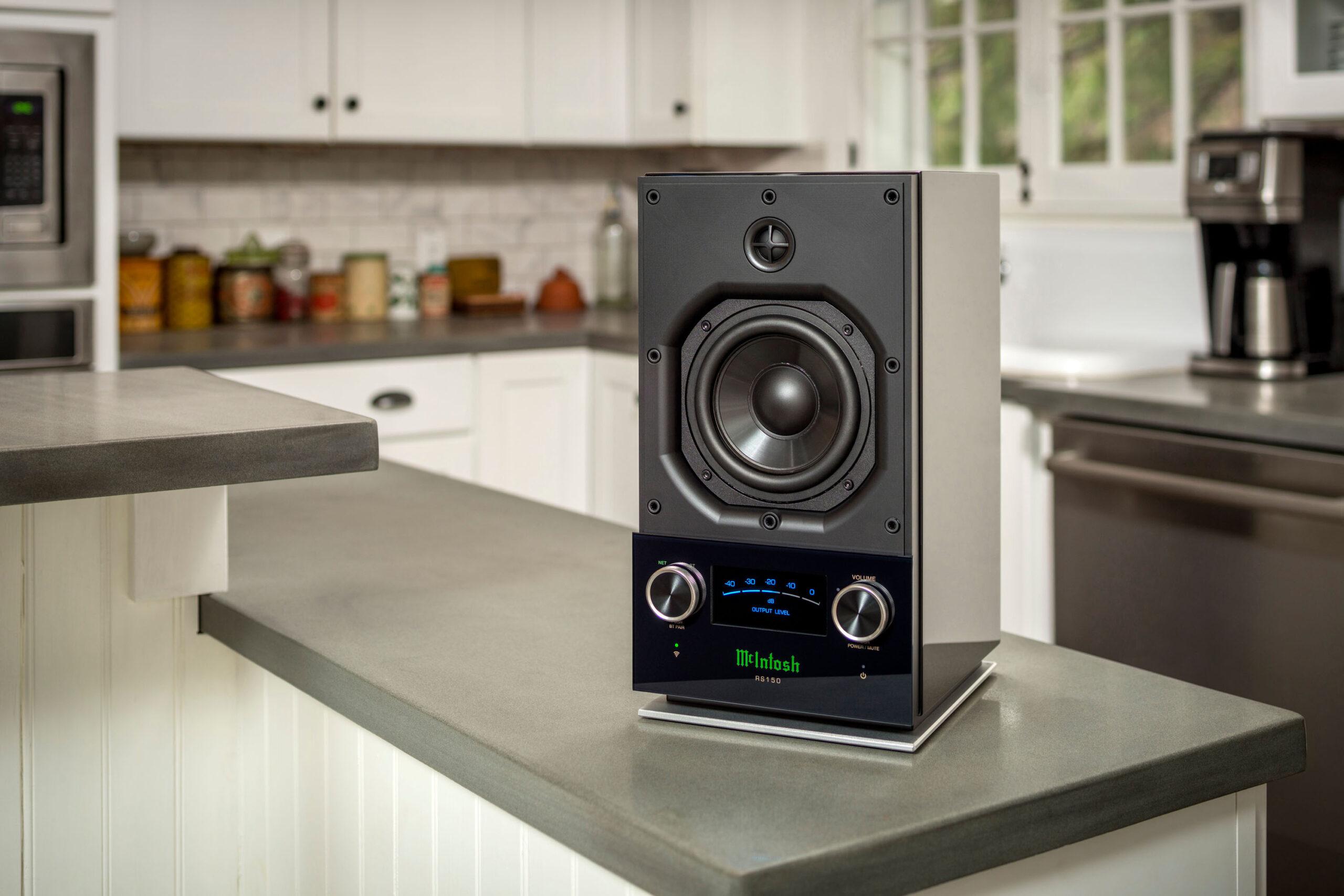 Two wireless speakers, the RS150 and RS250, offer streaming convenience with unmistakable McIntosh style, quality & performance. McIntosh 39c8e1a5 rs150 lifestyle counter no grille hi res scaled