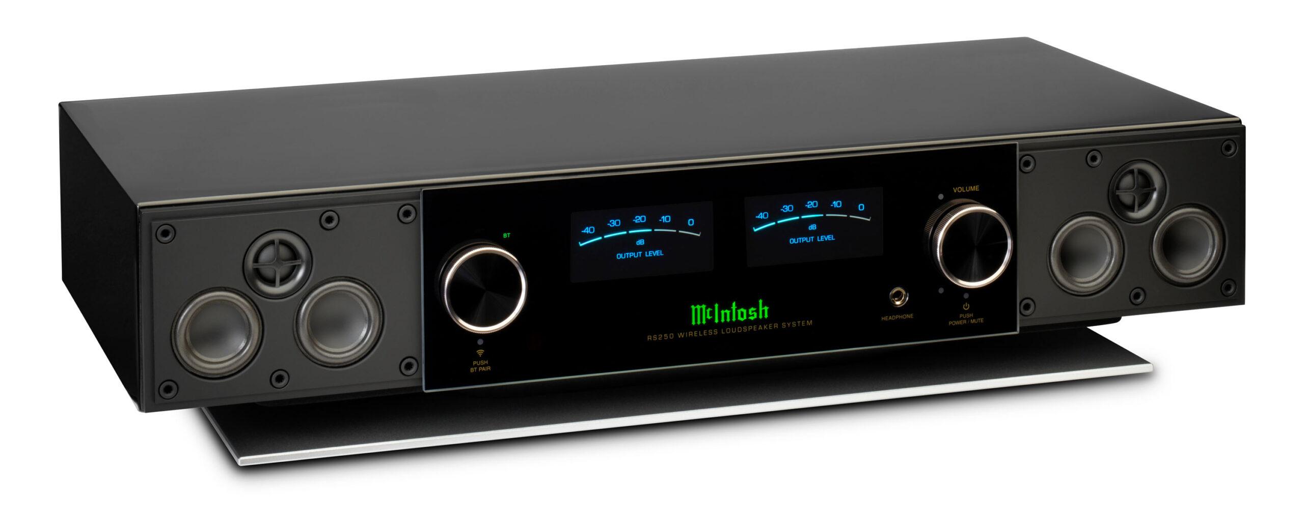 Two wireless speakers, the RS150 and RS250, offer streaming convenience with unmistakable McIntosh style, quality & performance. McIntosh 419ed6fc rs250 angle no grilles hi res scaled