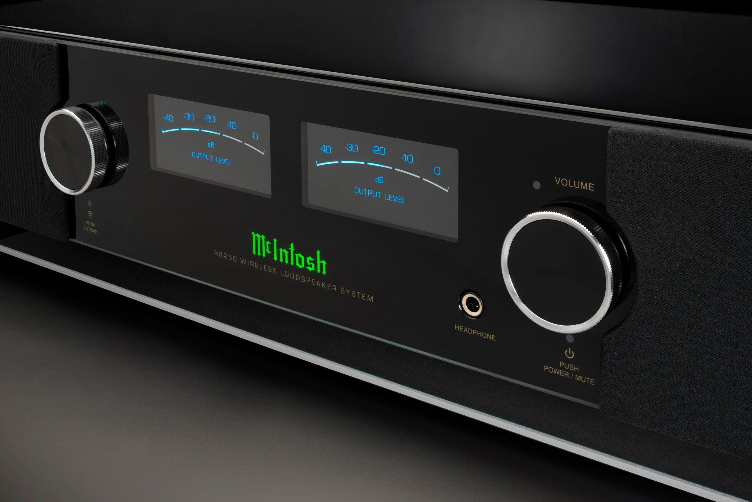 Two wireless speakers, the RS150 and RS250, offer streaming convenience with unmistakable McIntosh style, quality & performance. McIntosh efee0eb0 rs250 close up background hi res scaled
