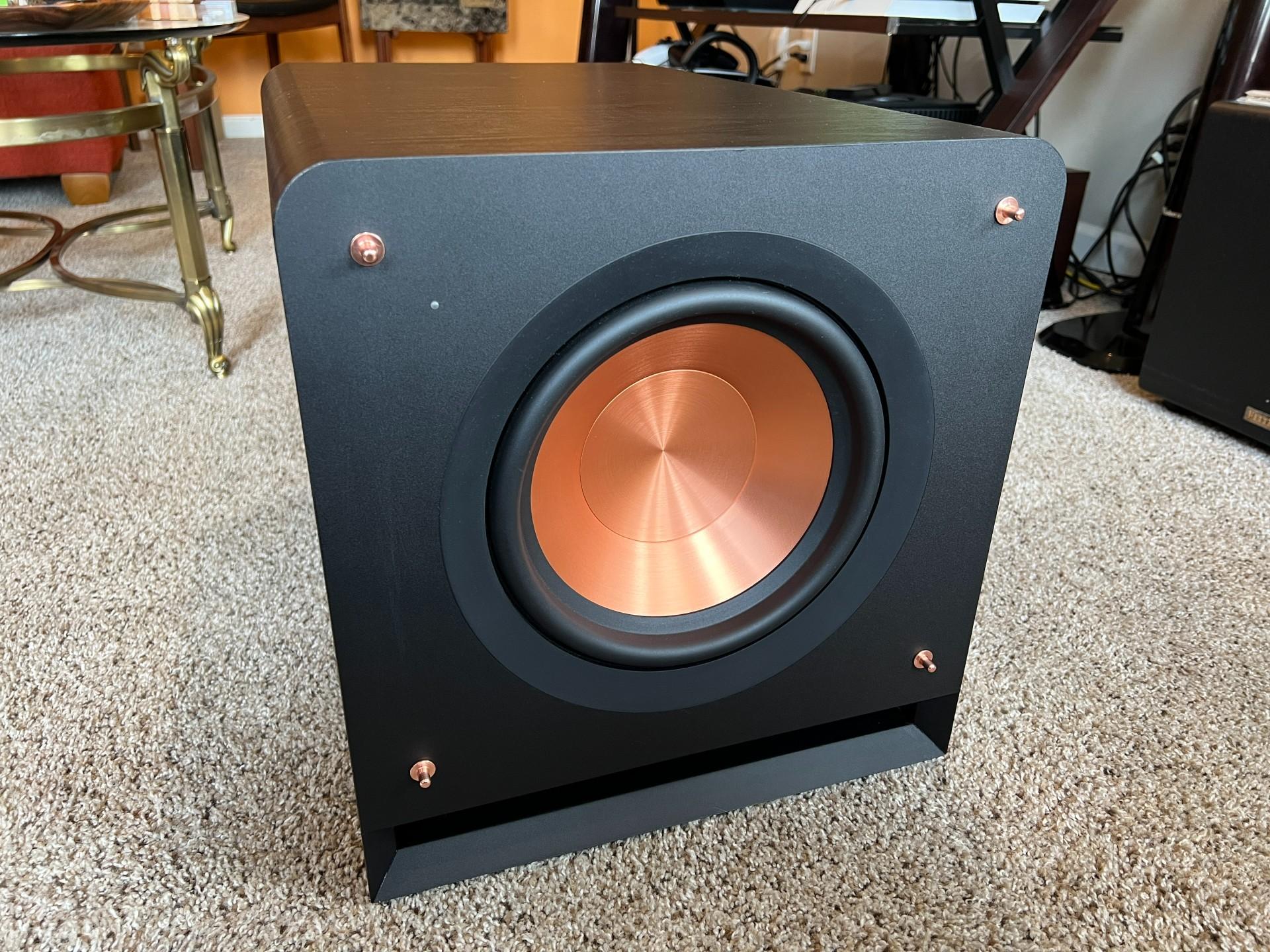 Klipsch RP-1000SW subwoofer front face Cerematallic cone with scratch on left side.