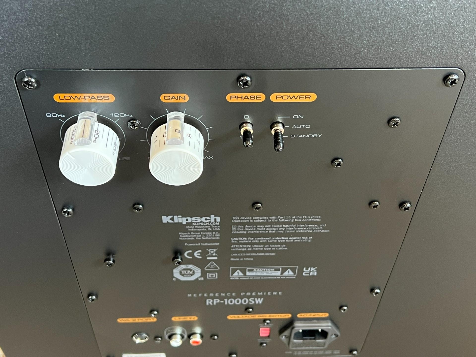 Klipsch RP-1000SW subwoofer back panel settings and dials shown close up.