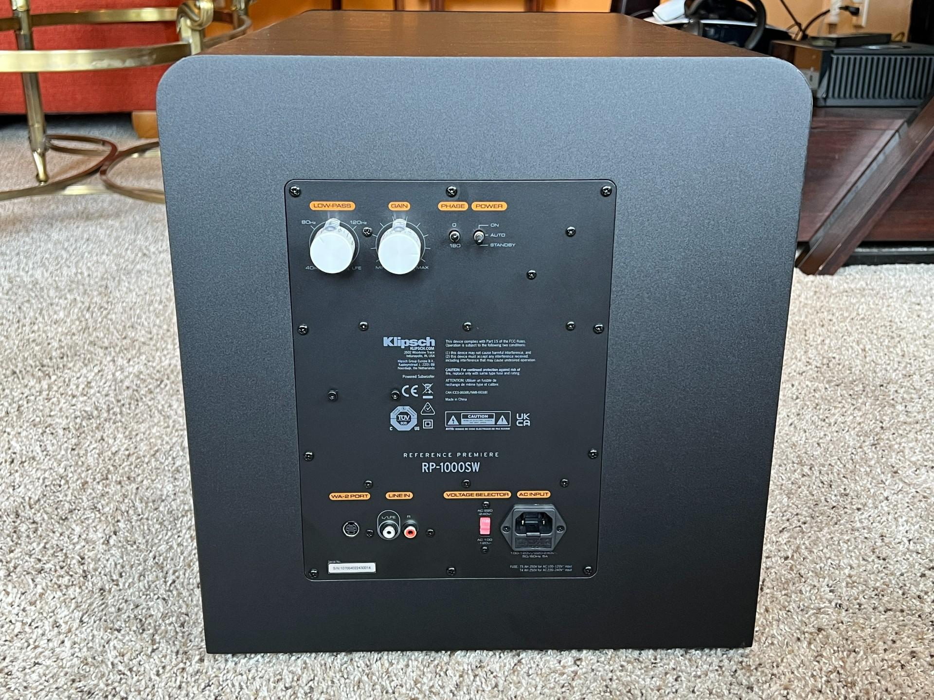 Klipsch RP-SW1000 subwoofer back panel with settings dials and ports.