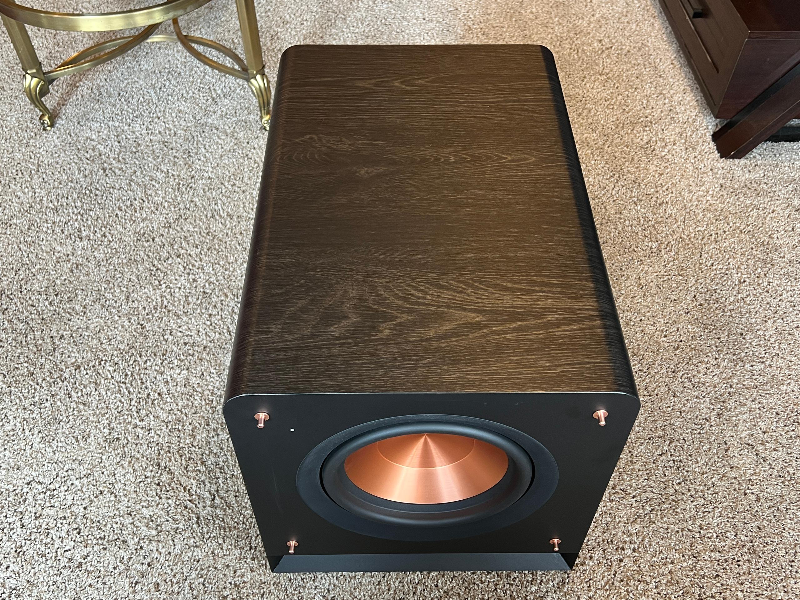Klipsch RP-1000SW subwoofer with open faced cone overhead