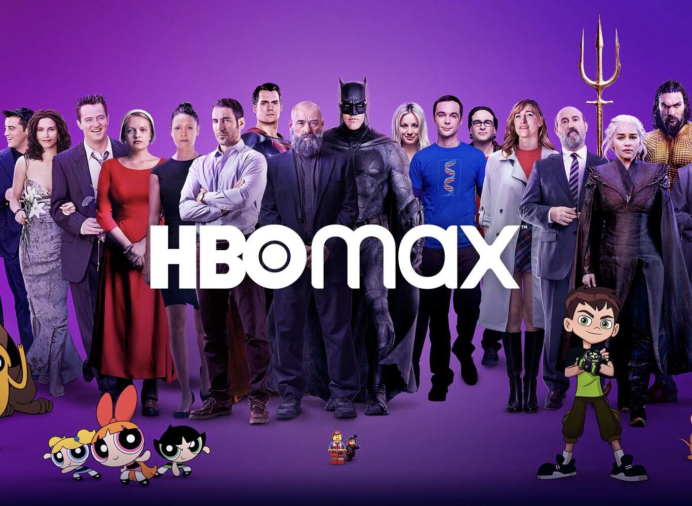 HBO Max sign with various characters from TV shows