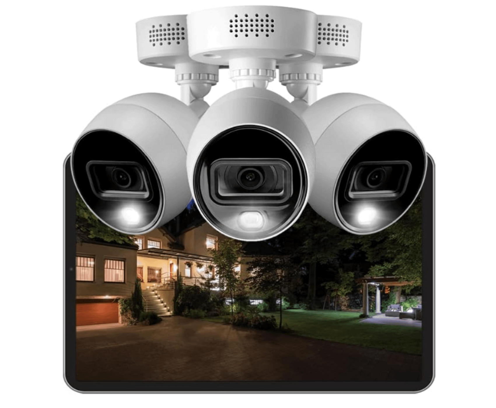 Three cameras above and a picture of a house at night below
