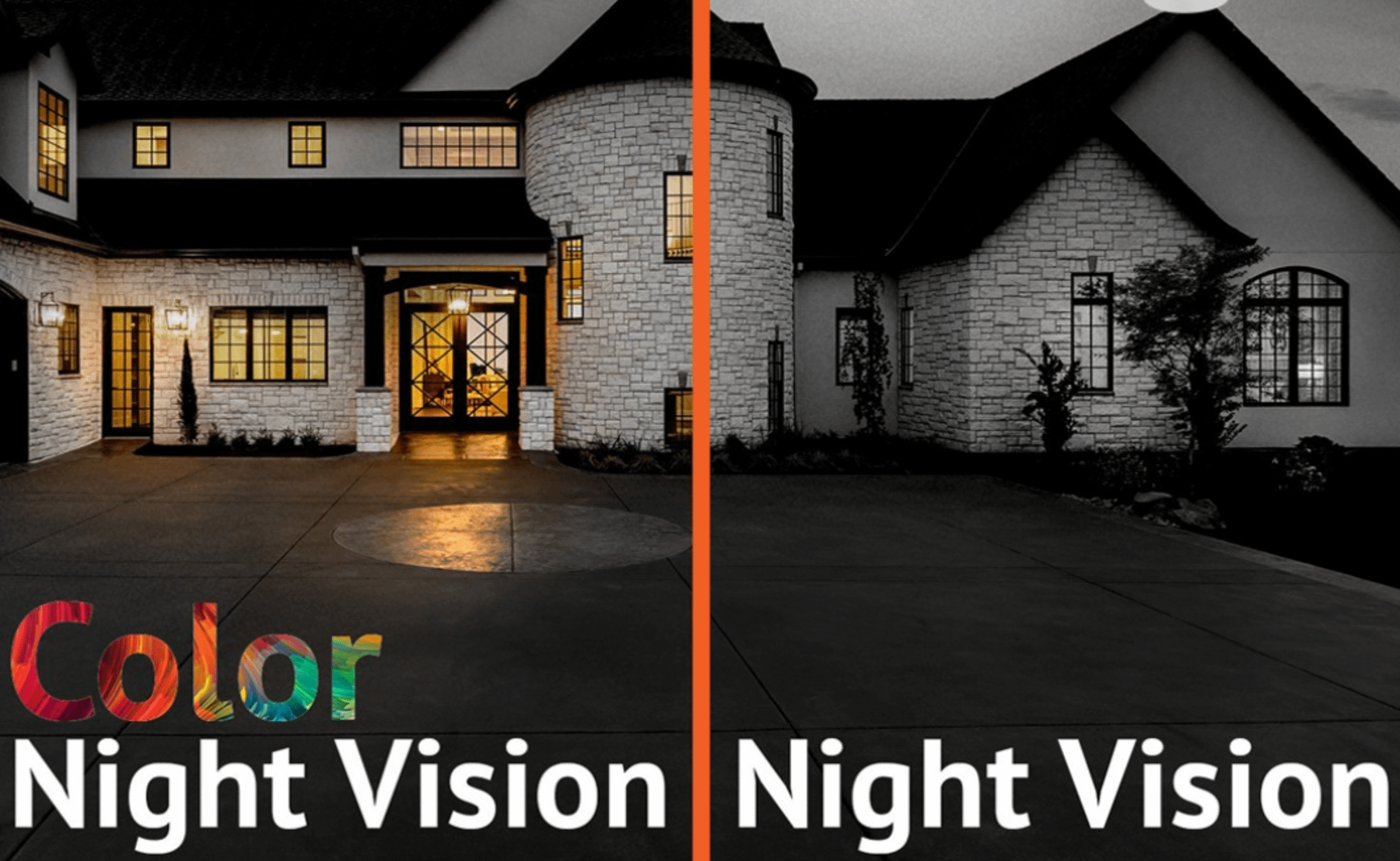 Two pictures of the house-right one in color night vision, left one in regular night vision