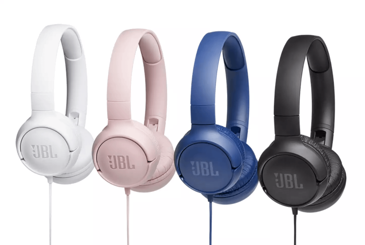 JBL headphones in four different colors: white, pink, blue and black.