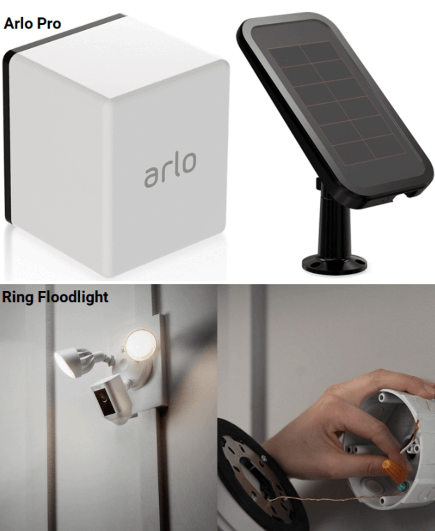A picture shows Arlo Pro (up) and Ring Floodlight (down)