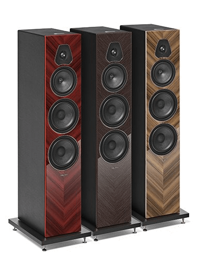 Sonus faber Lumina Collection - A trio of Lumina V Amator floorstanding speakers in three different finishes: Glossy Red, Glossy Wenge, and Glossy Walnut.