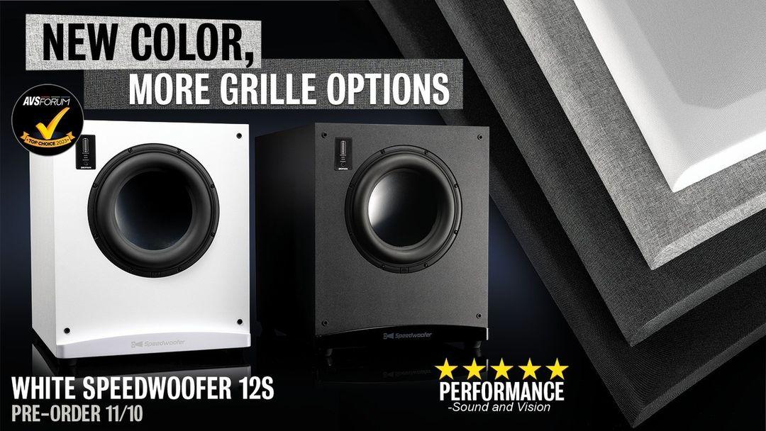 A pair of the RSL Speakers Speedwoofer 12S in white and black finish.
