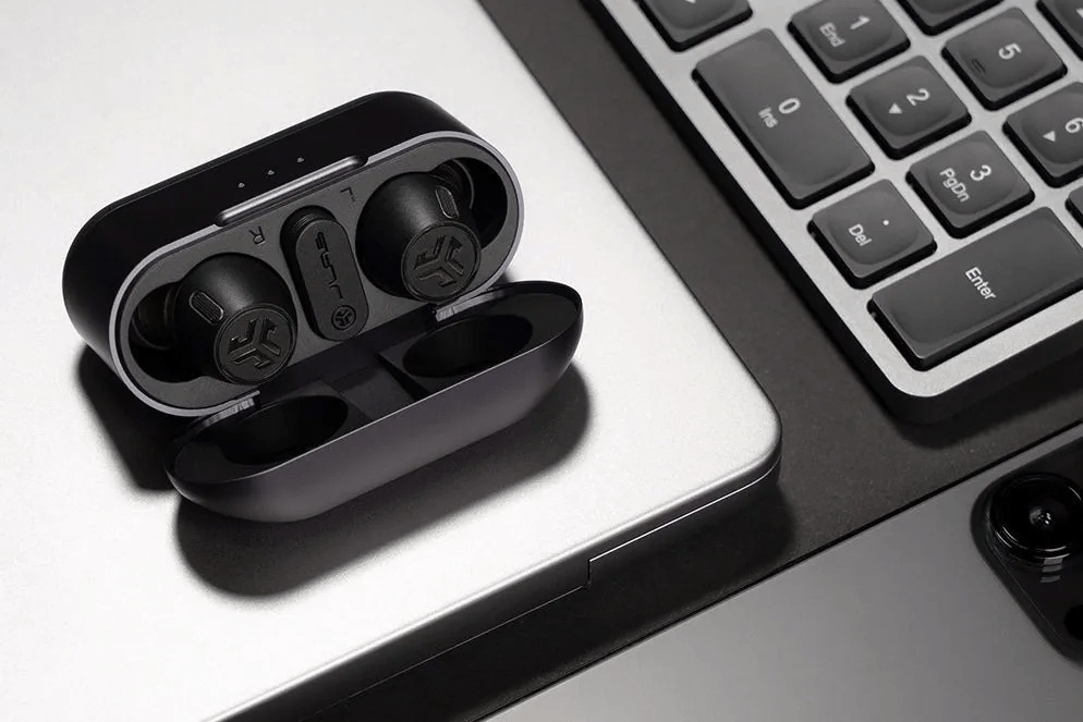 JLab Epic Lab Edition Earbuds in charging case.