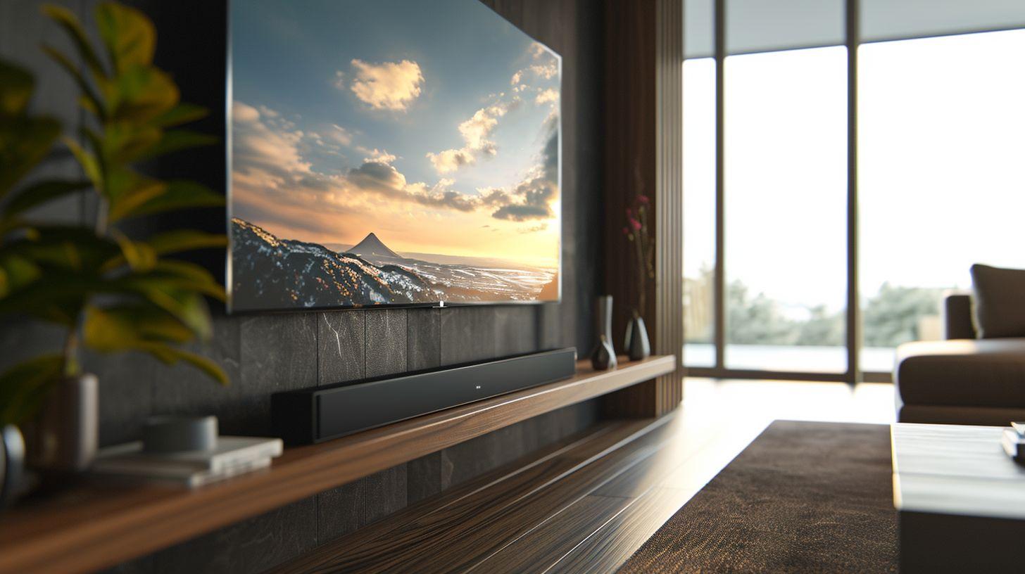 A modern living room with a sleek soundbar and minimalist interior.