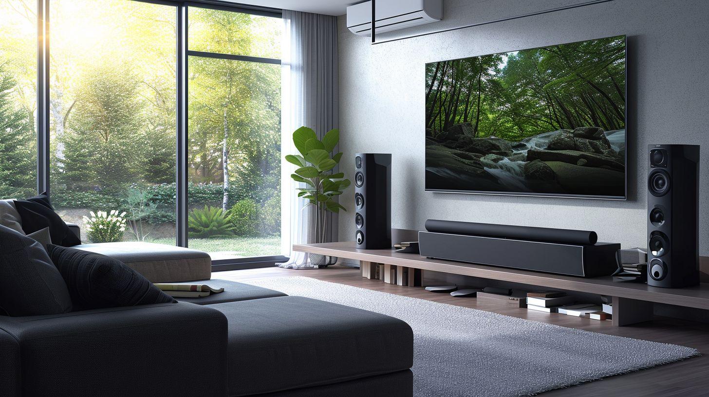 Modern living room with a TV, soundbar, speakers and a couch