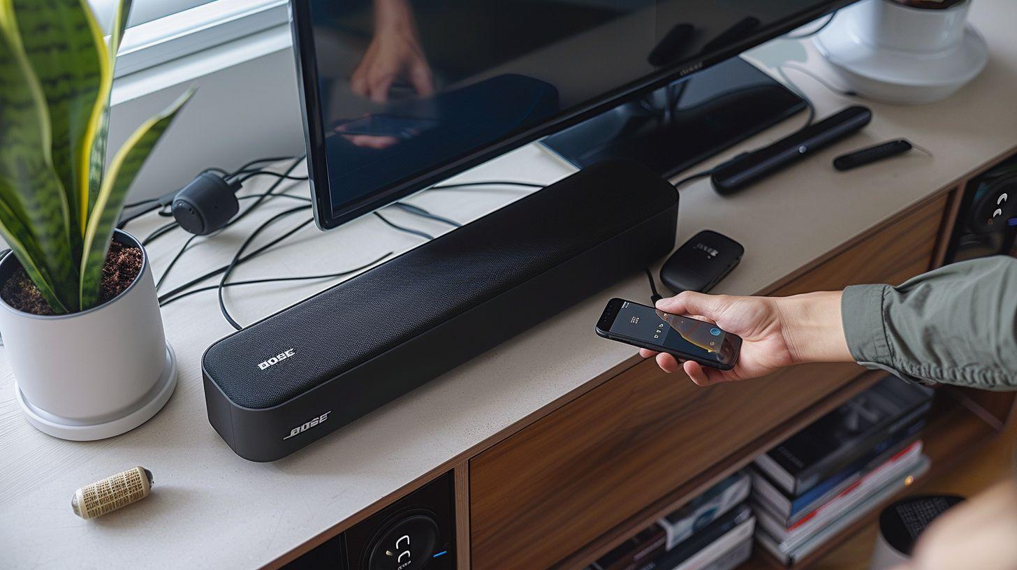 A man holding a phone next to a Bose soundbar, a TV and some cables