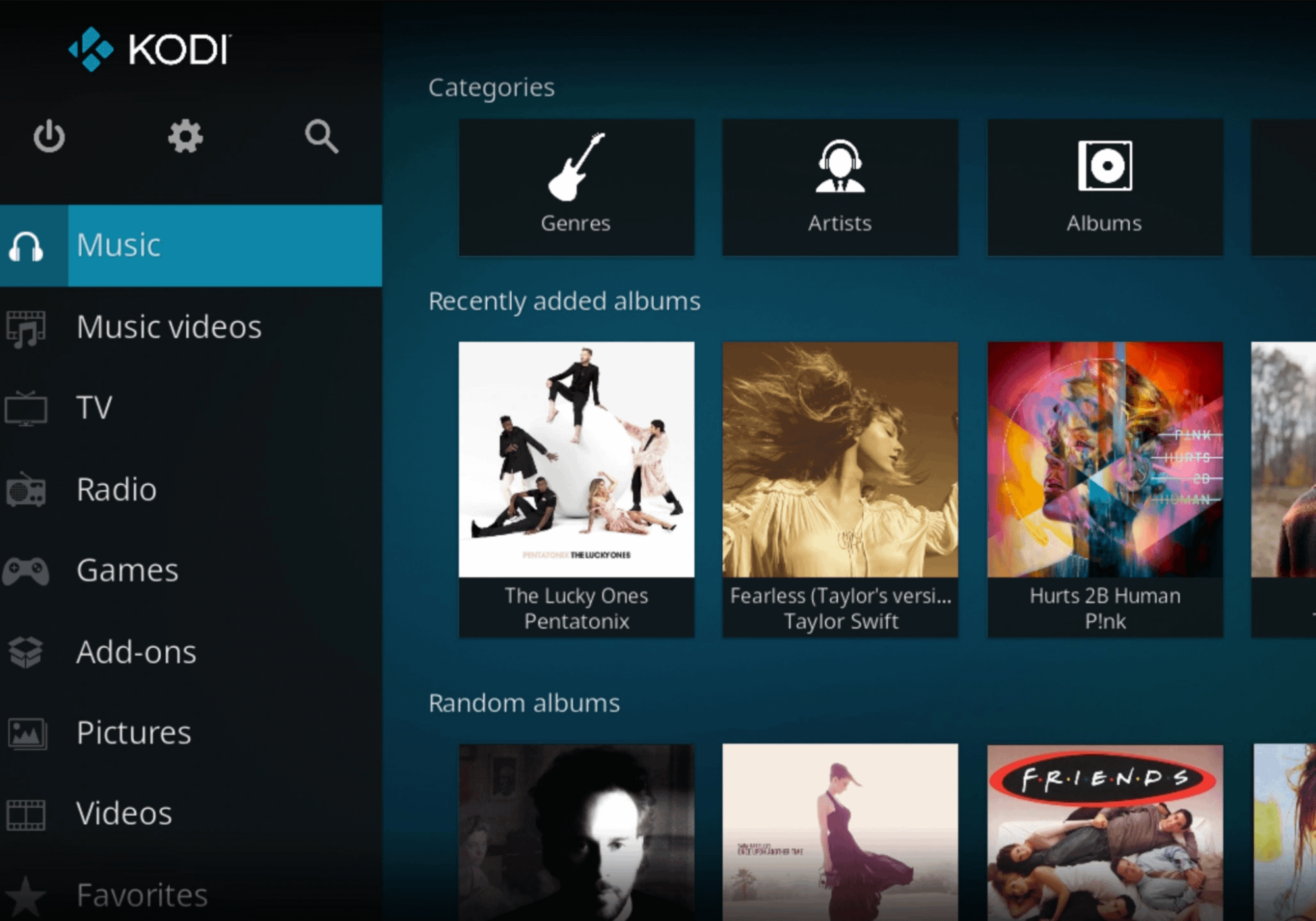 Kodi home screen showing categories, recently added albums and random albums in the music section of the app.