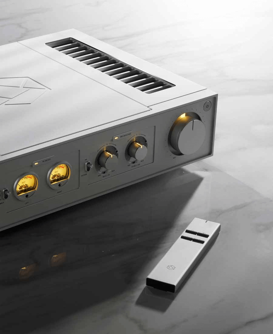 HiFi Rose RA280 Integrated Amplifier with a remote in silver finish.