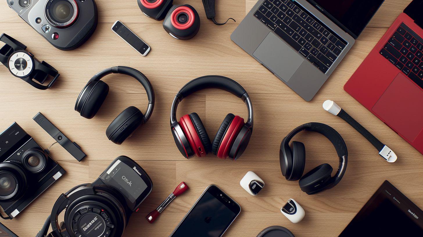 Headphones, phones and laptops on a desk