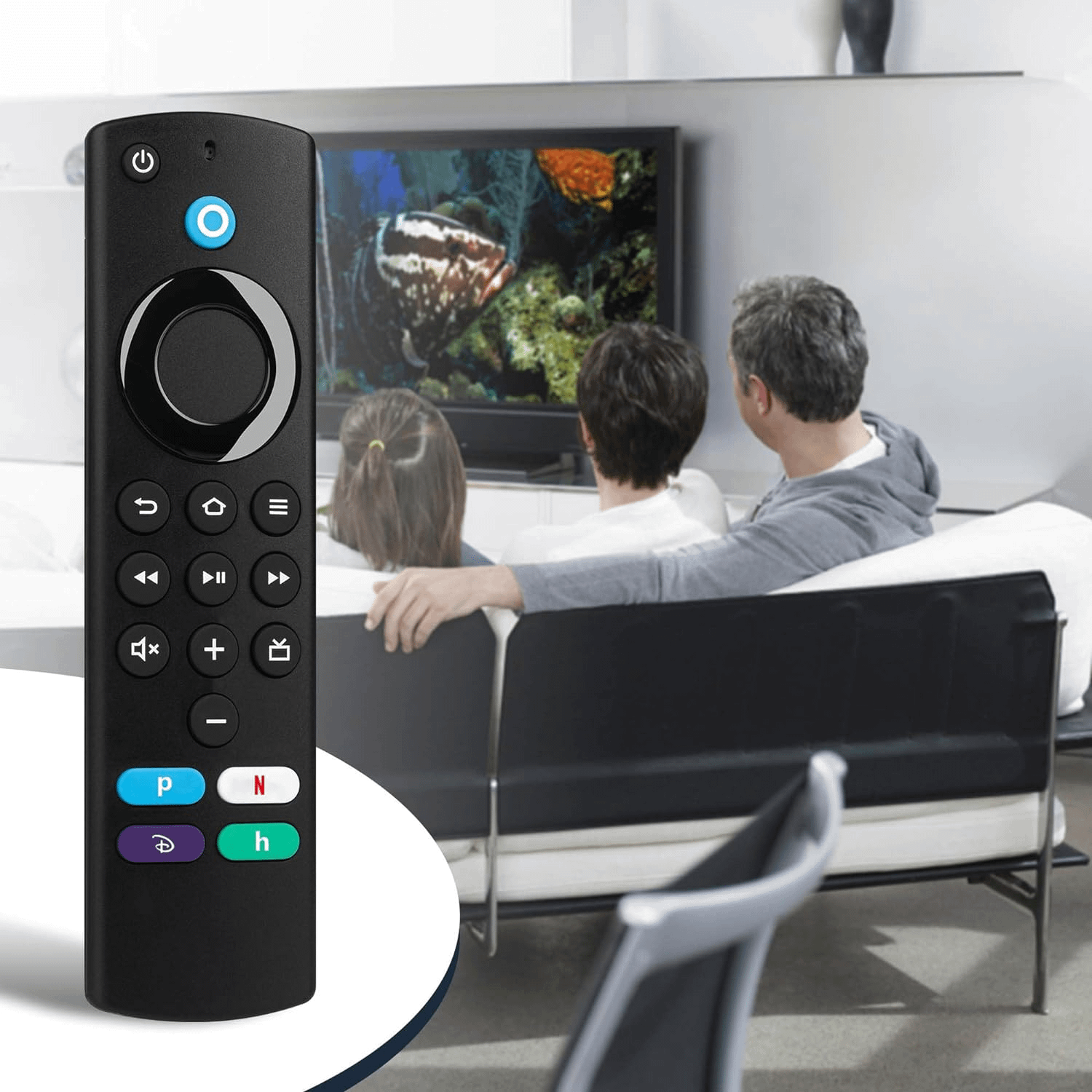 Firestick remote placed in front of a TV.