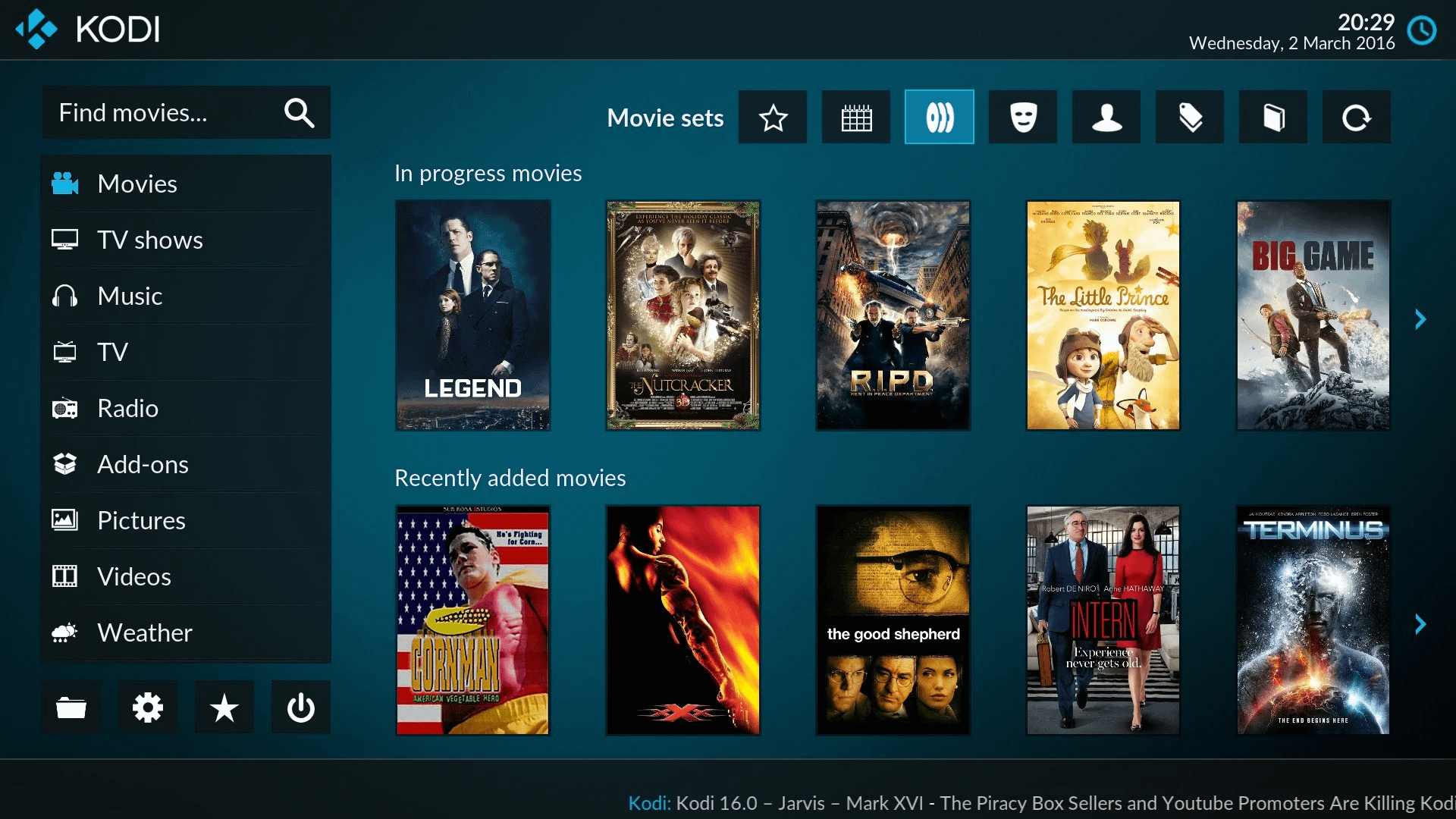 Kodi interface showing various movie titles.