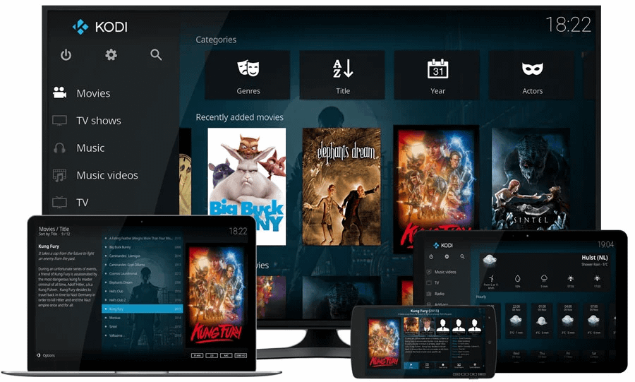 Kodi home screen shown on several devices including TV, laptop and tablets.