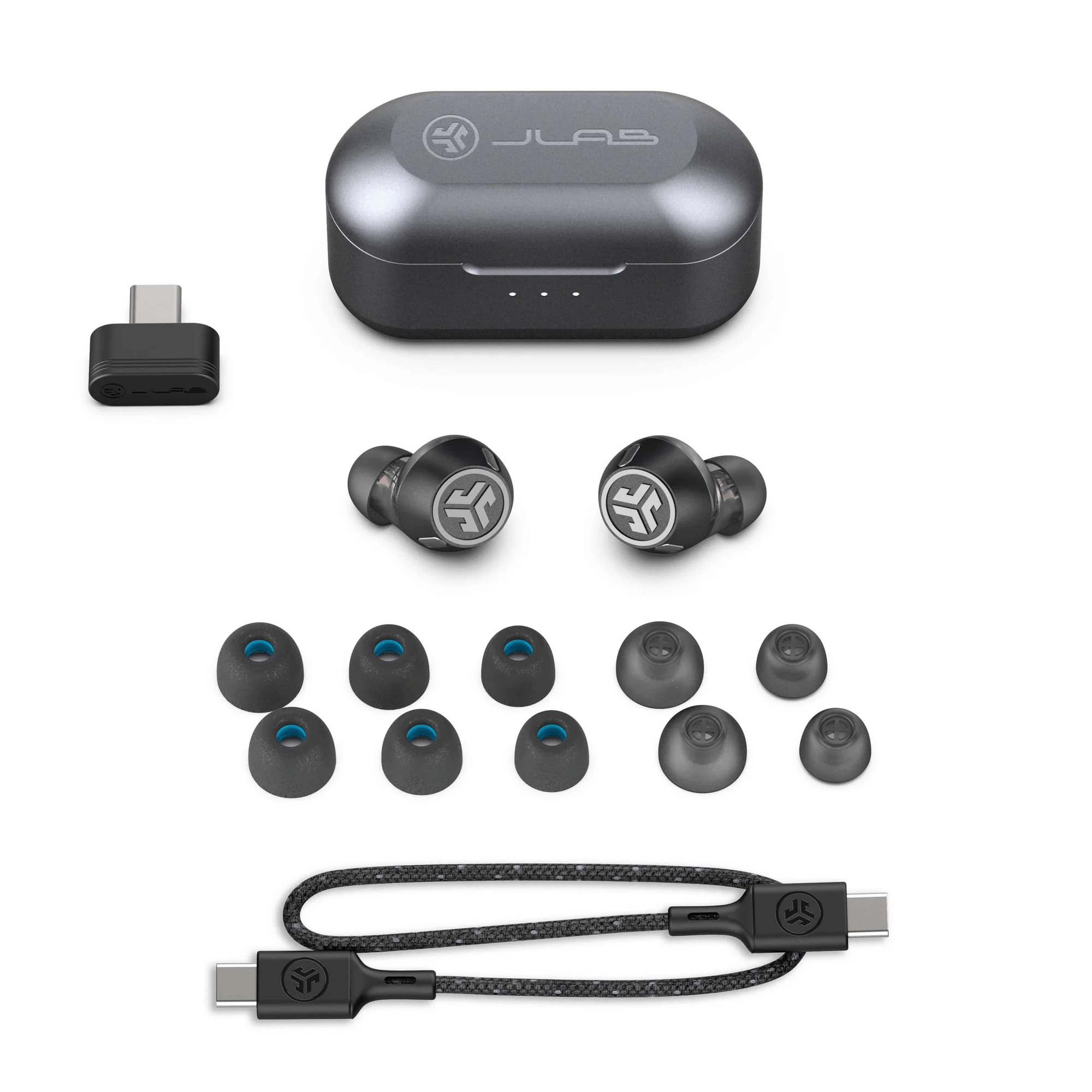 JLab Epic Lab Edition earbuds include 3 Sets of Cloud Foam Tips, 3 Sets of Silicone Gel Tips, USB-C to C Charging Cable and Bluetooth LE Audio Dongle.