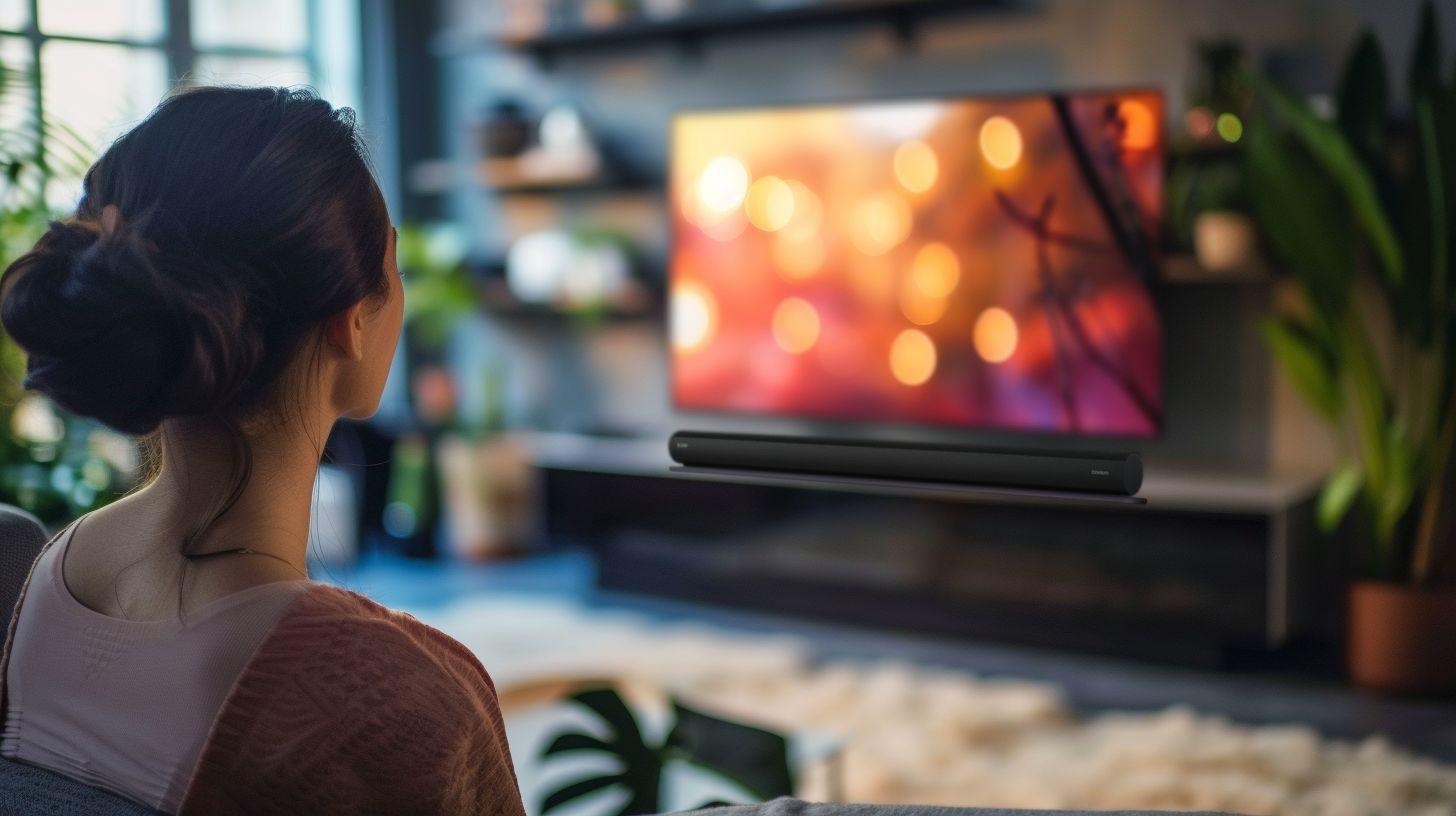 A woman in the living room watching TV with a soundbar in front of the TV 
