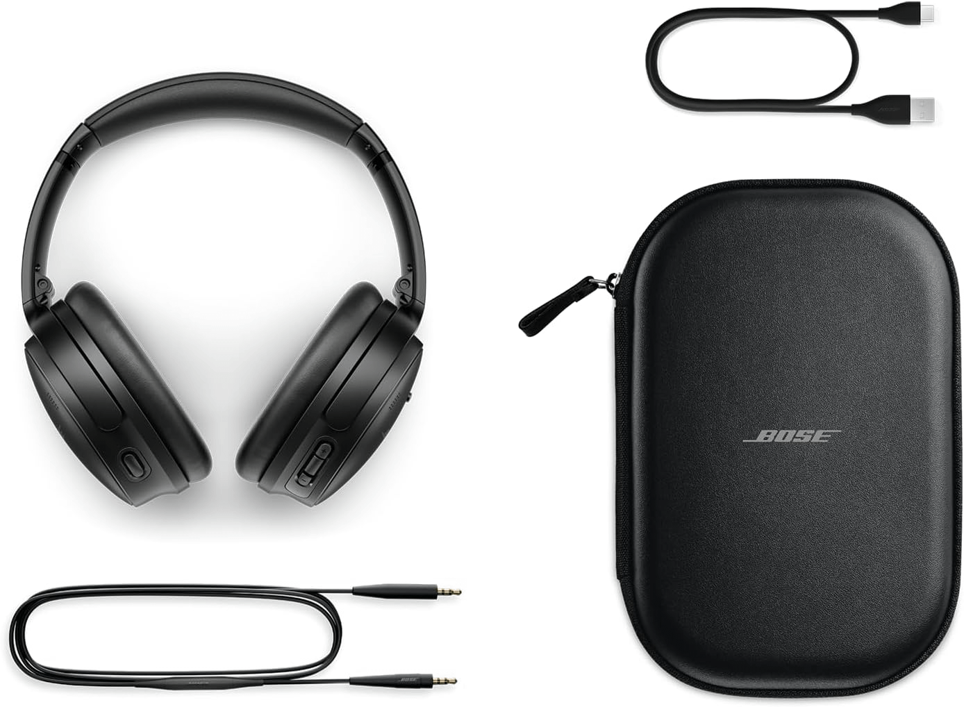 Bose headphones with a chord, USB C cable and hard case.