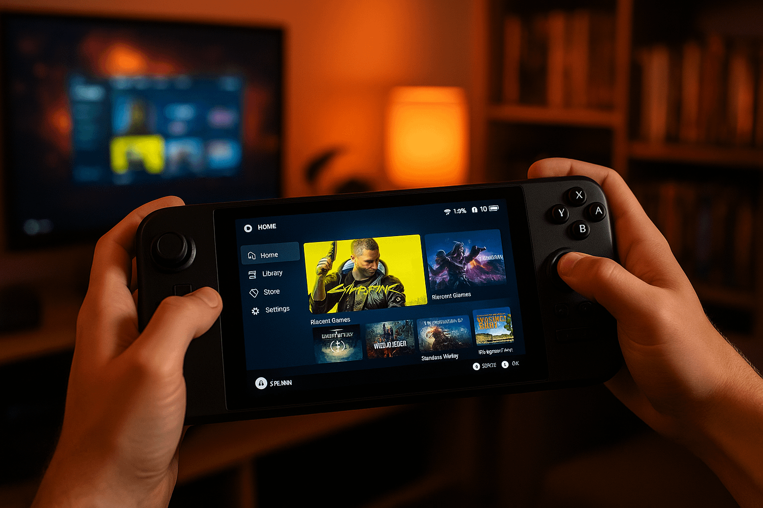 A gamer’s hands holding a handheld , with the SteamOS UI glowing on the screen, shot in a cozy gaming room setup.