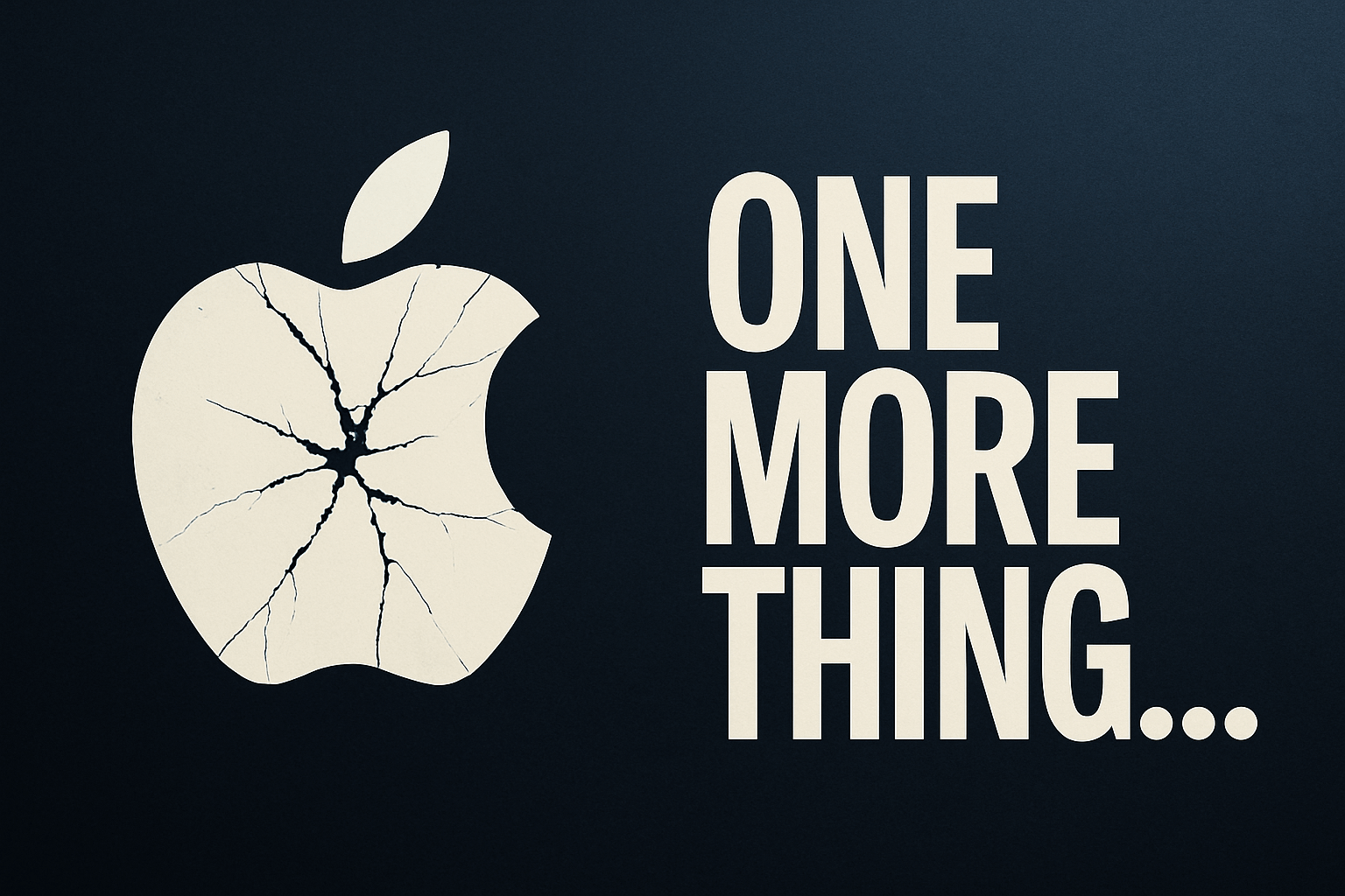 Cracked white Apple logo on the left side against a dark blue gradient background. To the right, the bold, off-white text reads “ONE MORE THING...”