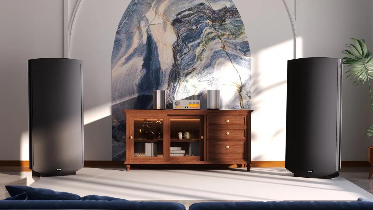 Quad ESL 2812X electrostatic speakers in living room.