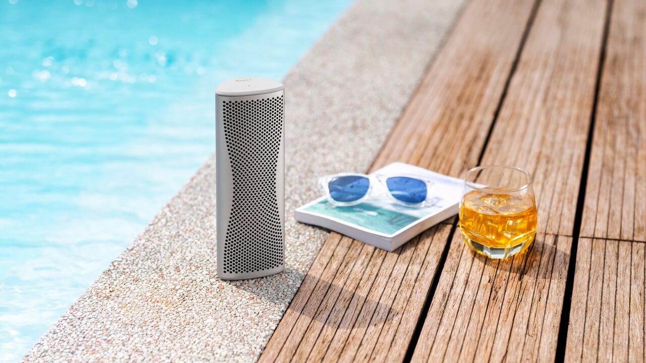 KEF Muo portable Bluetooth speaker in Silver Dusk finish.
