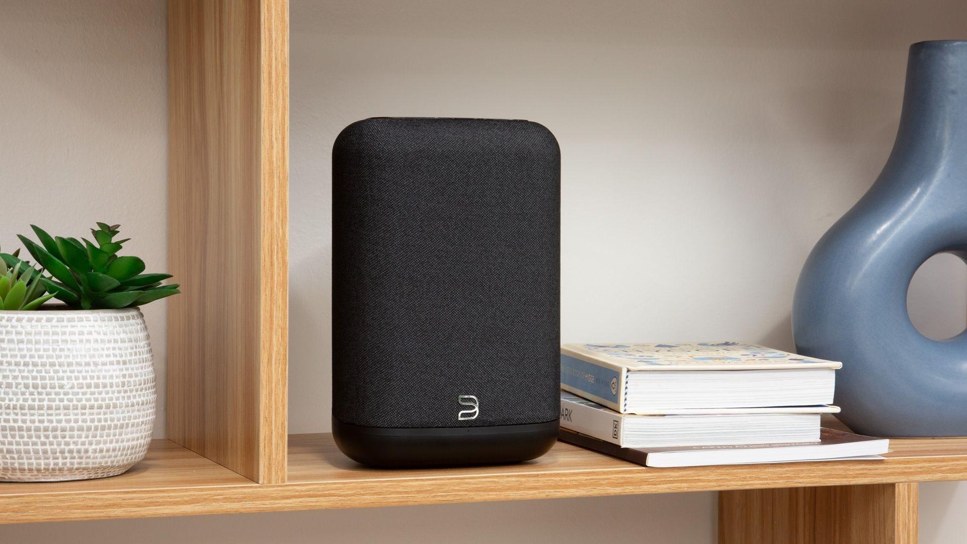 Bluesound Pulse Flex wireless speaker on shelf.