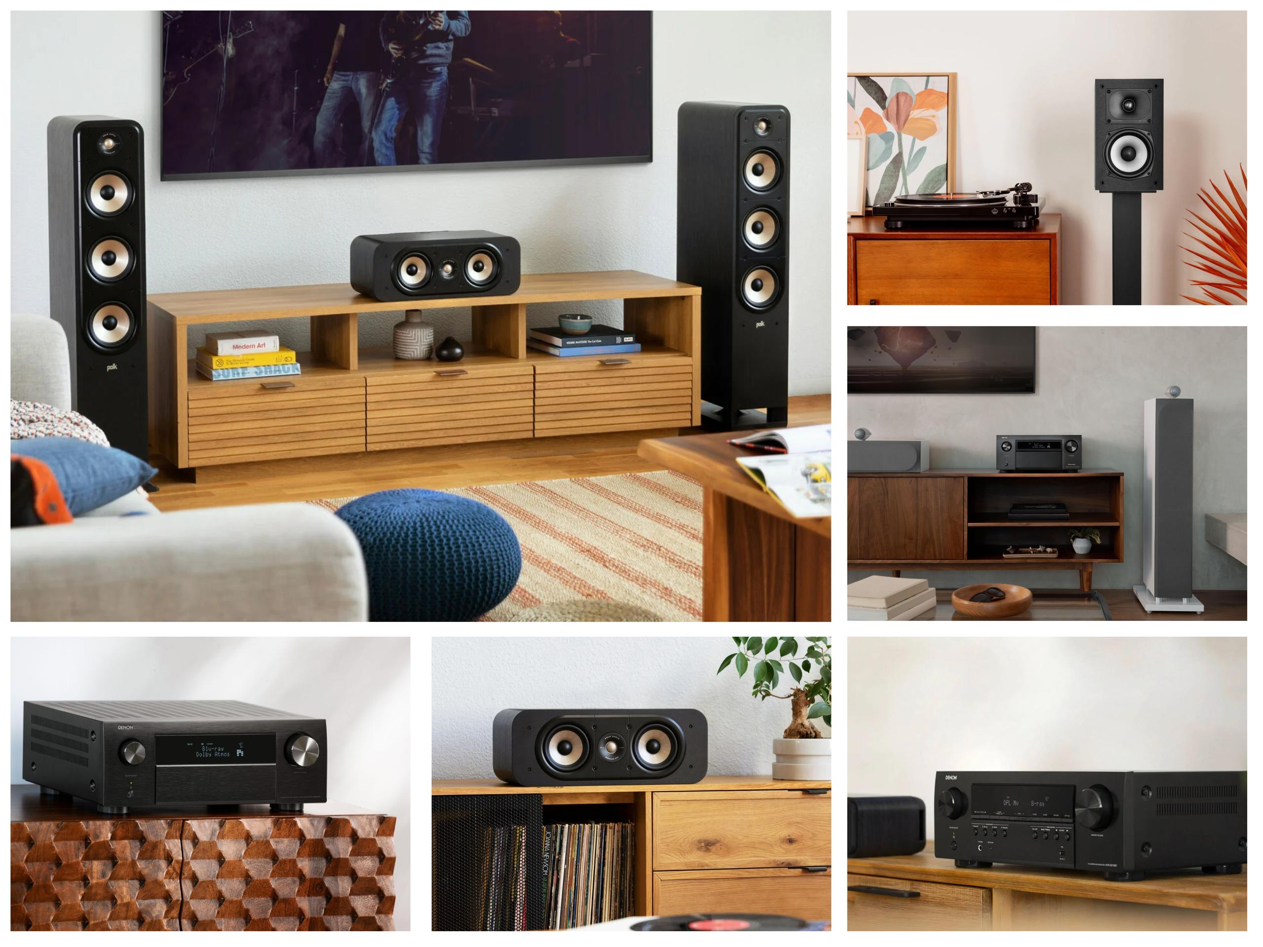 Collage of various Denon receivers and Polk speakers,