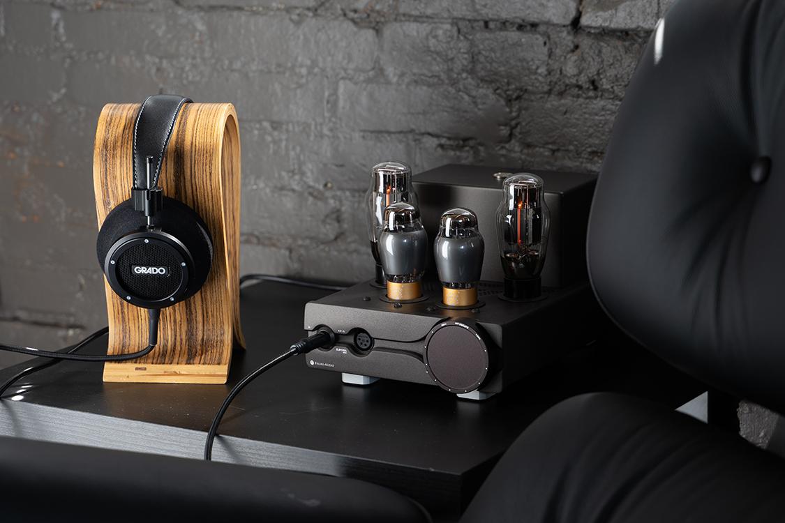 Grado Signature S750 headphones connected to amp.