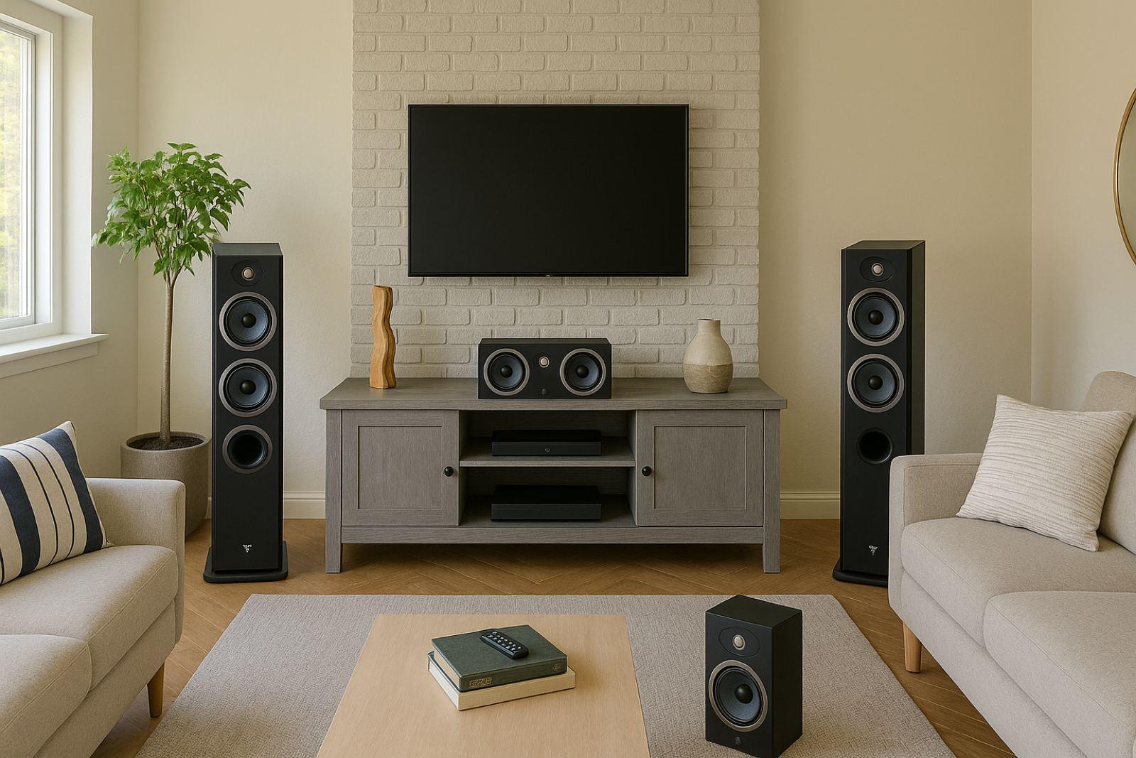 Focal Omada speaker lineup in living room.