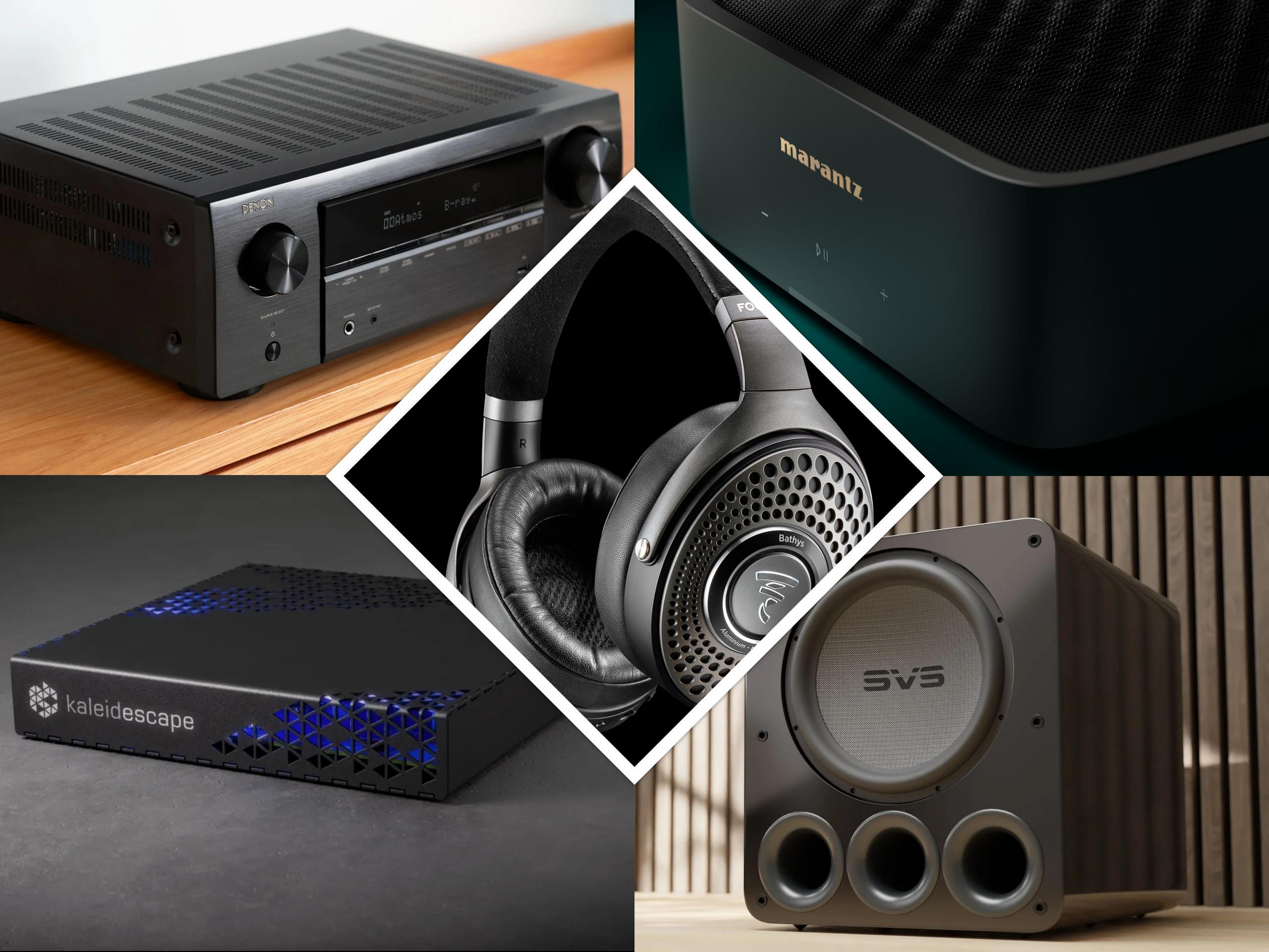 Holiday gift guide 2025 featuring Denon AV receiver, Marantz amplifier, Focal Bathys headphones, SVS subwoofer, and Kaleidescape Strato M movie player.