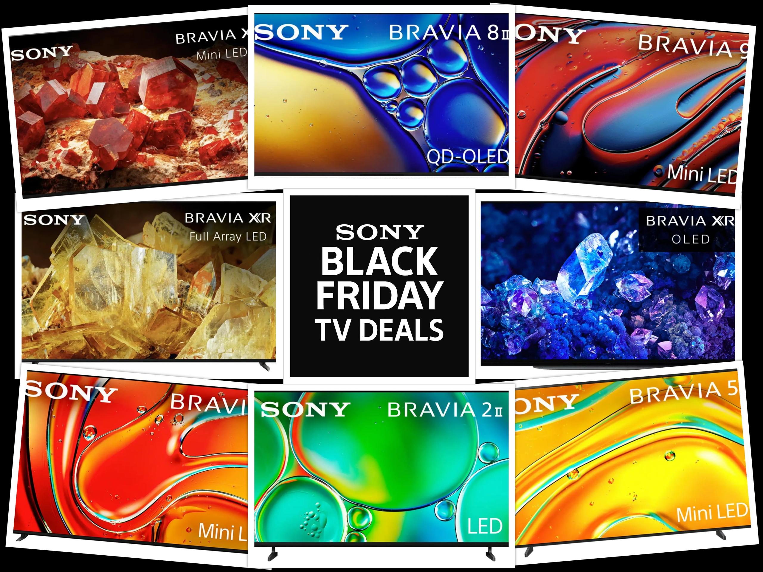 Sony BRAVIA TV lineup collage highlighting Black Friday deals across OLED, QD-OLED, Mini-LED, and LED models.
