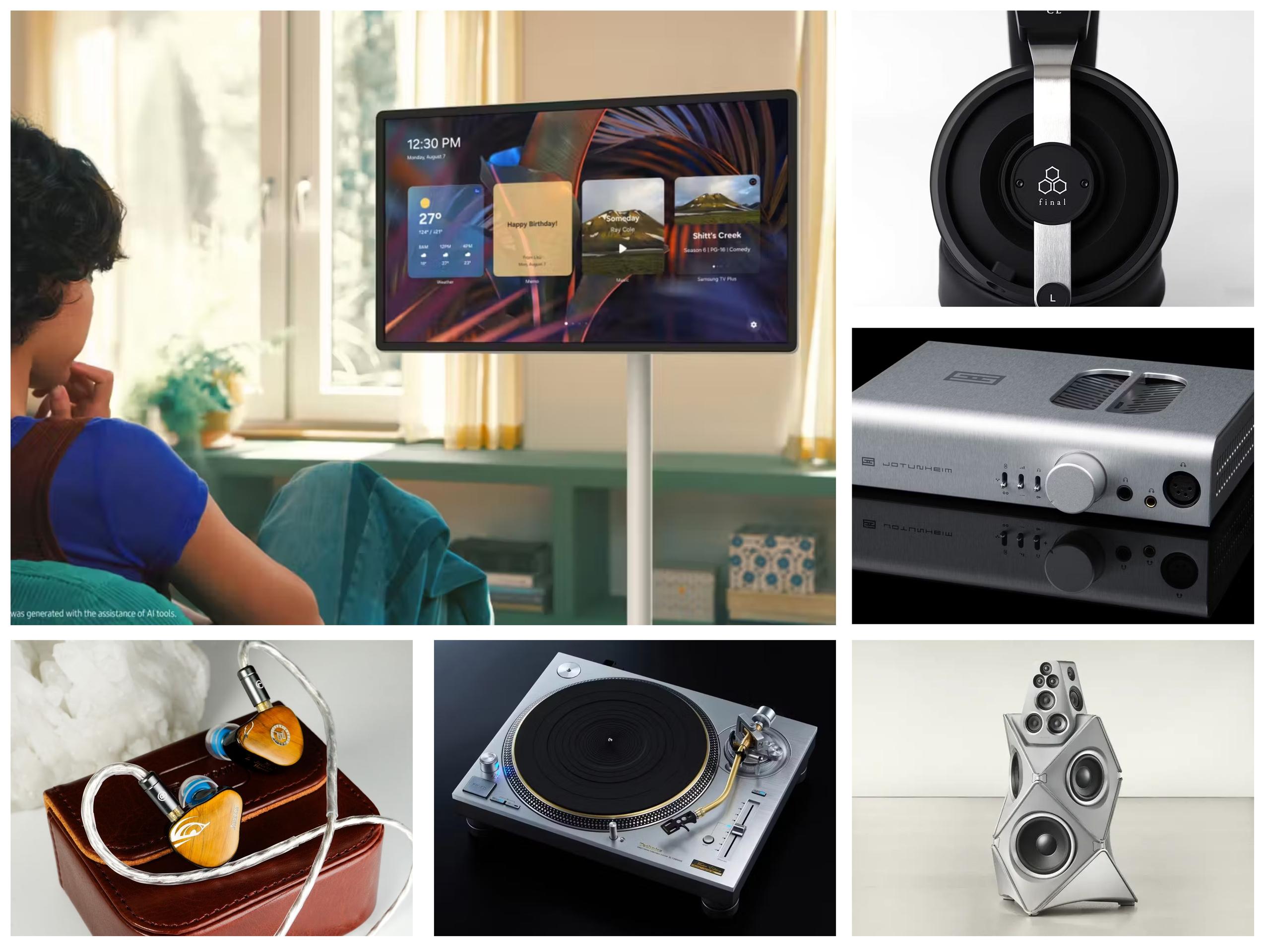 Collage of last week's hottest tech products including Samsung Movingstyle rolling TV, Final DX3000CL headphones, Schiit Jotunheim 3 headphone amp, Technics SL-1200G Master Edition turntable, Juzear Harrier IEMs, and Bang & Olufsen Beolab 90 luxury speaker.