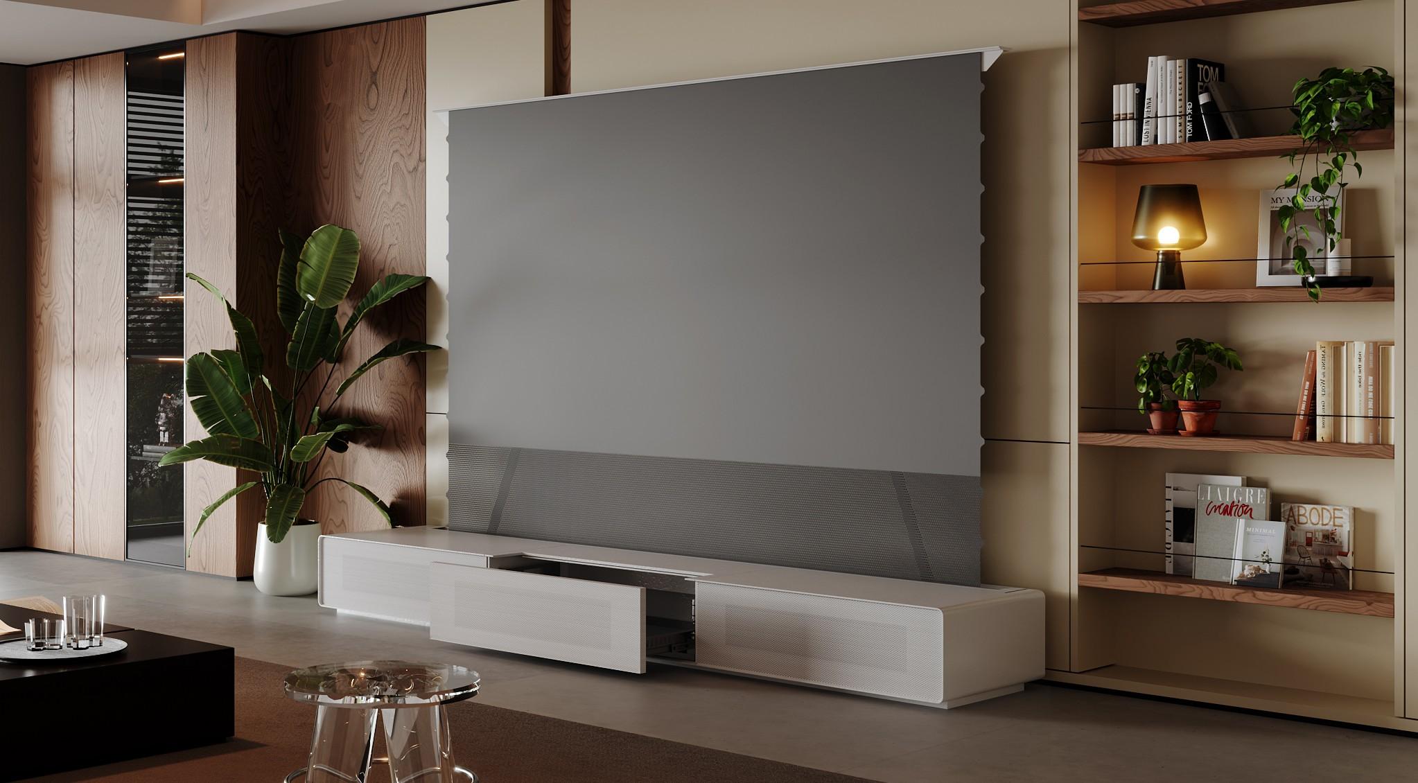 Shore ROLATV cabinet with rollable screen in a contemporary interior.