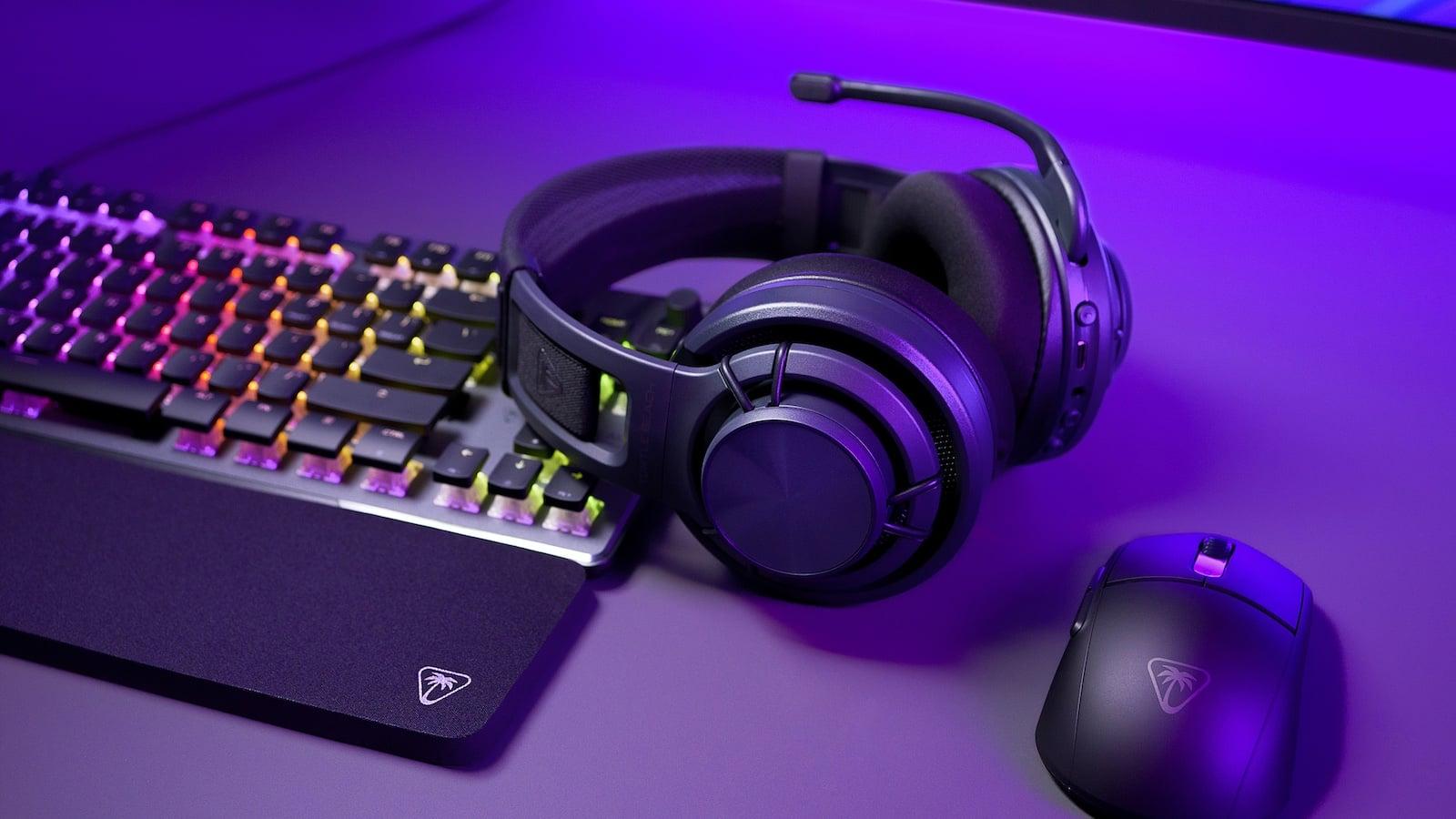 Turtle Beach Atlas Air Wireless Open Back PC Gaming Headset with mouse and keyboard on desk.