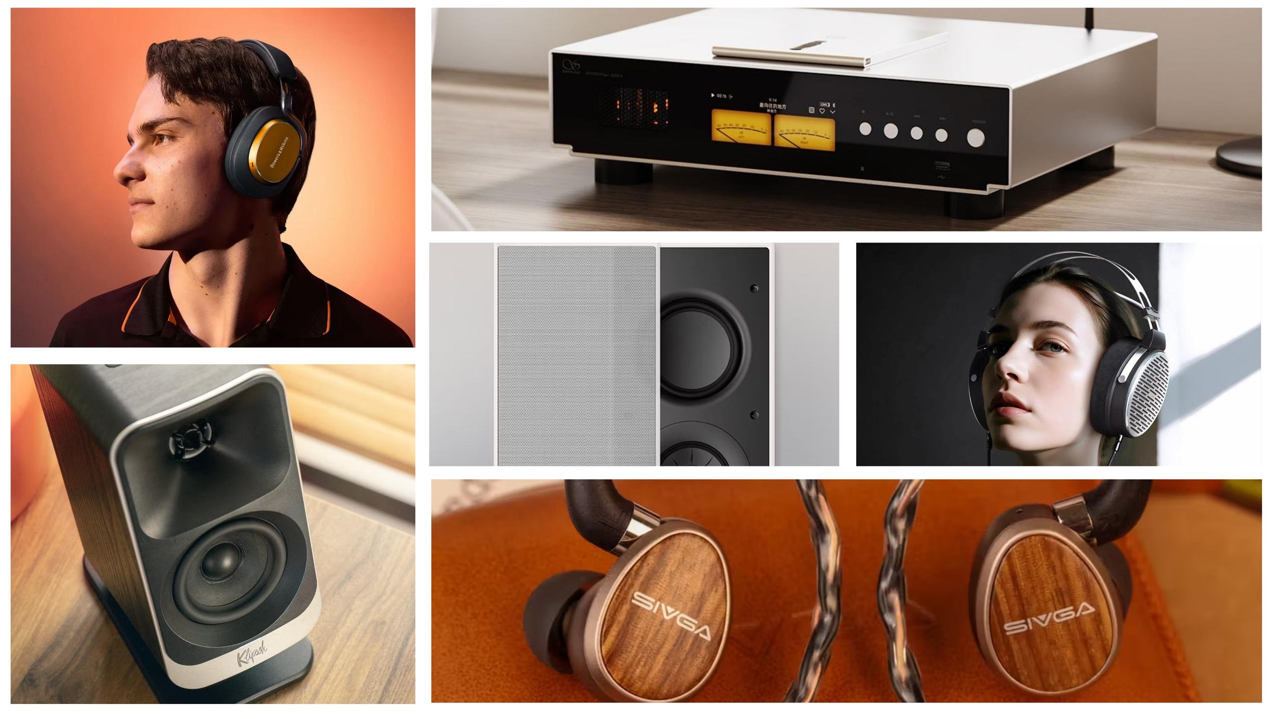 Collage of new audio gear including headphones, speakers, and a CD player