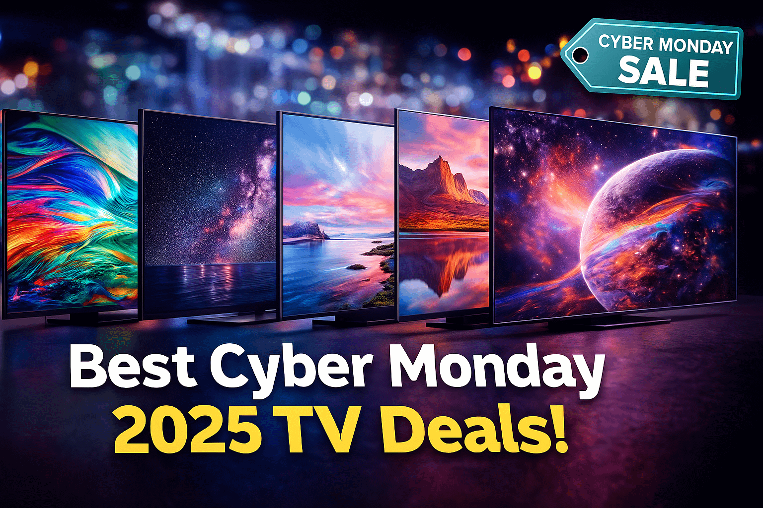 Cyber Monday 2025 TV deals banner with colorful televisions.