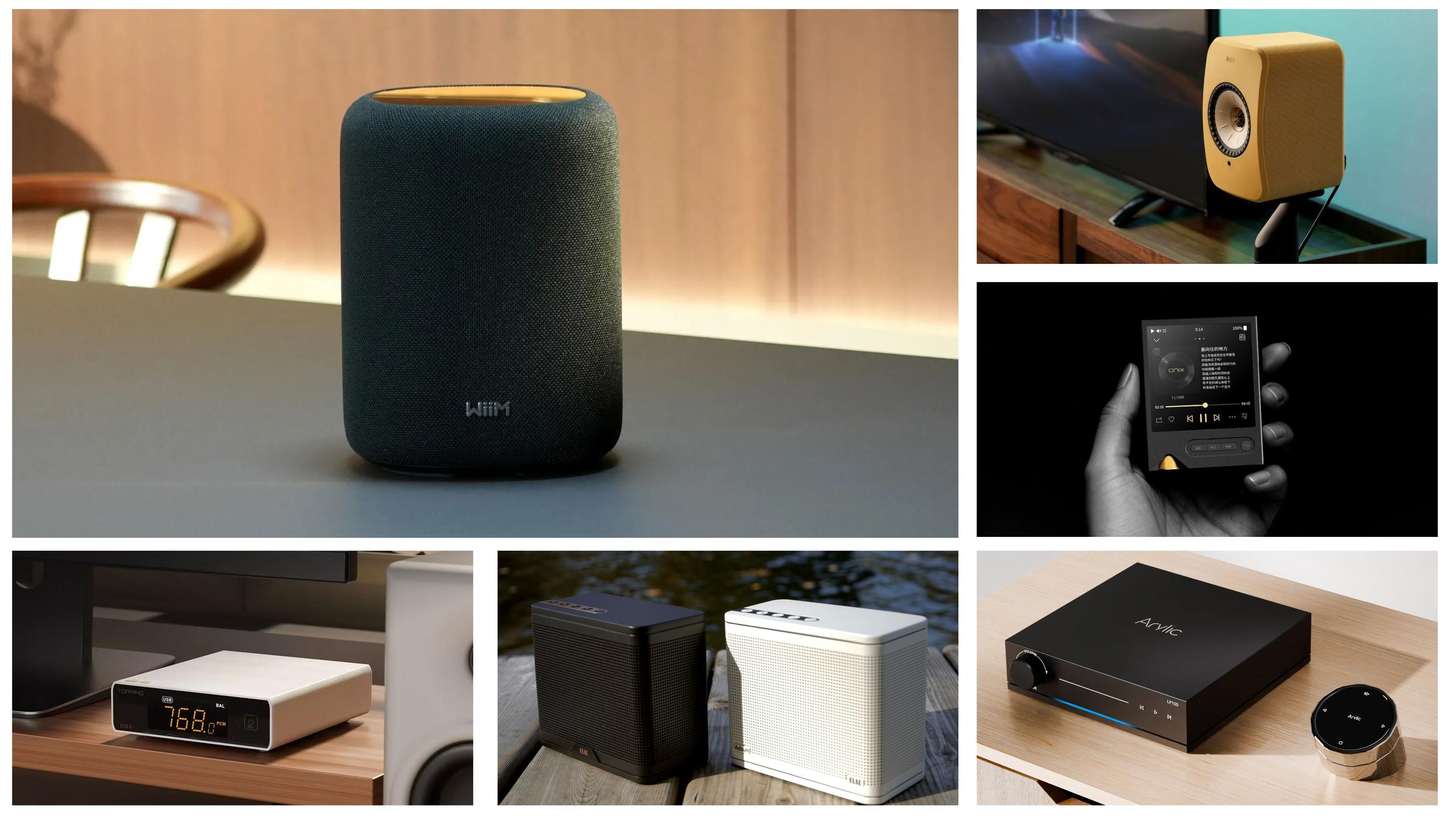 Collage of new audio gear including the WiiM Sound Lite smart speaker, KEF LSX II speaker in Amber Haze, ONIX Tocata XM2 player, TOPPING E50 II DAC, ELAC NAVA100 Bluetooth speakers in black and white, and Arylic LP100 streamer.