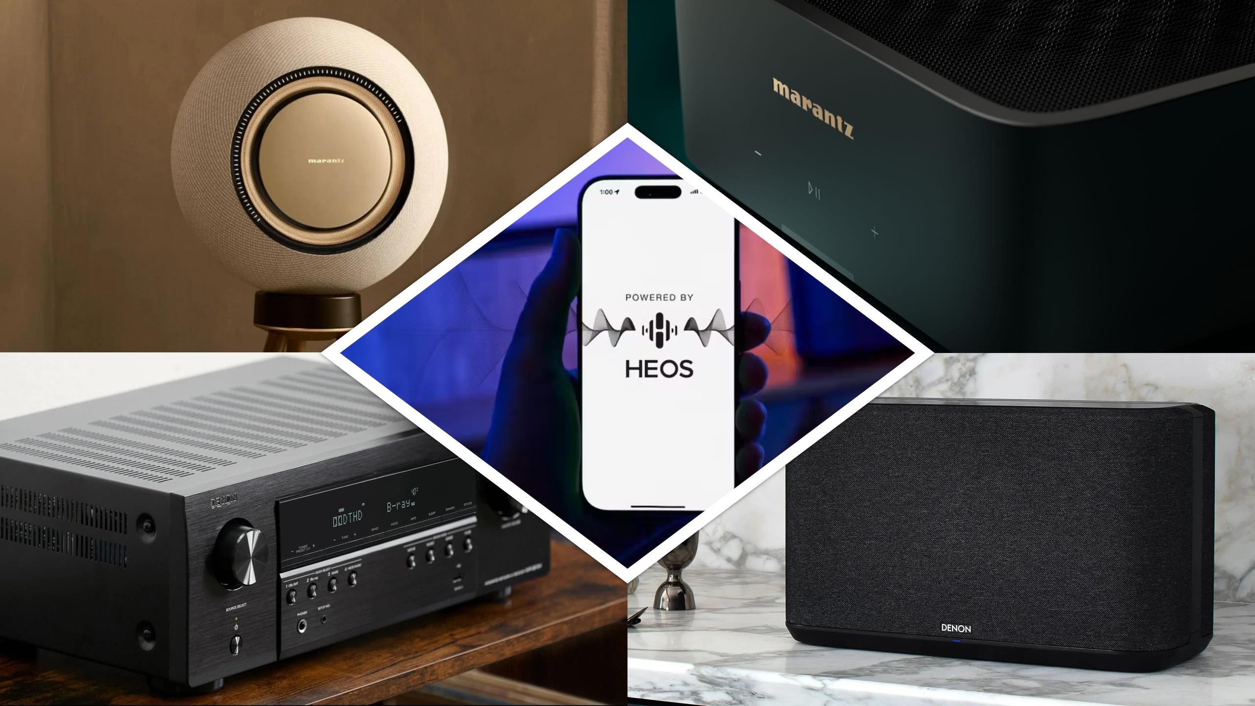 Collage showing Powered by HEOS on a smartphone surrounded by Denon and Marantz speakers and receivers.