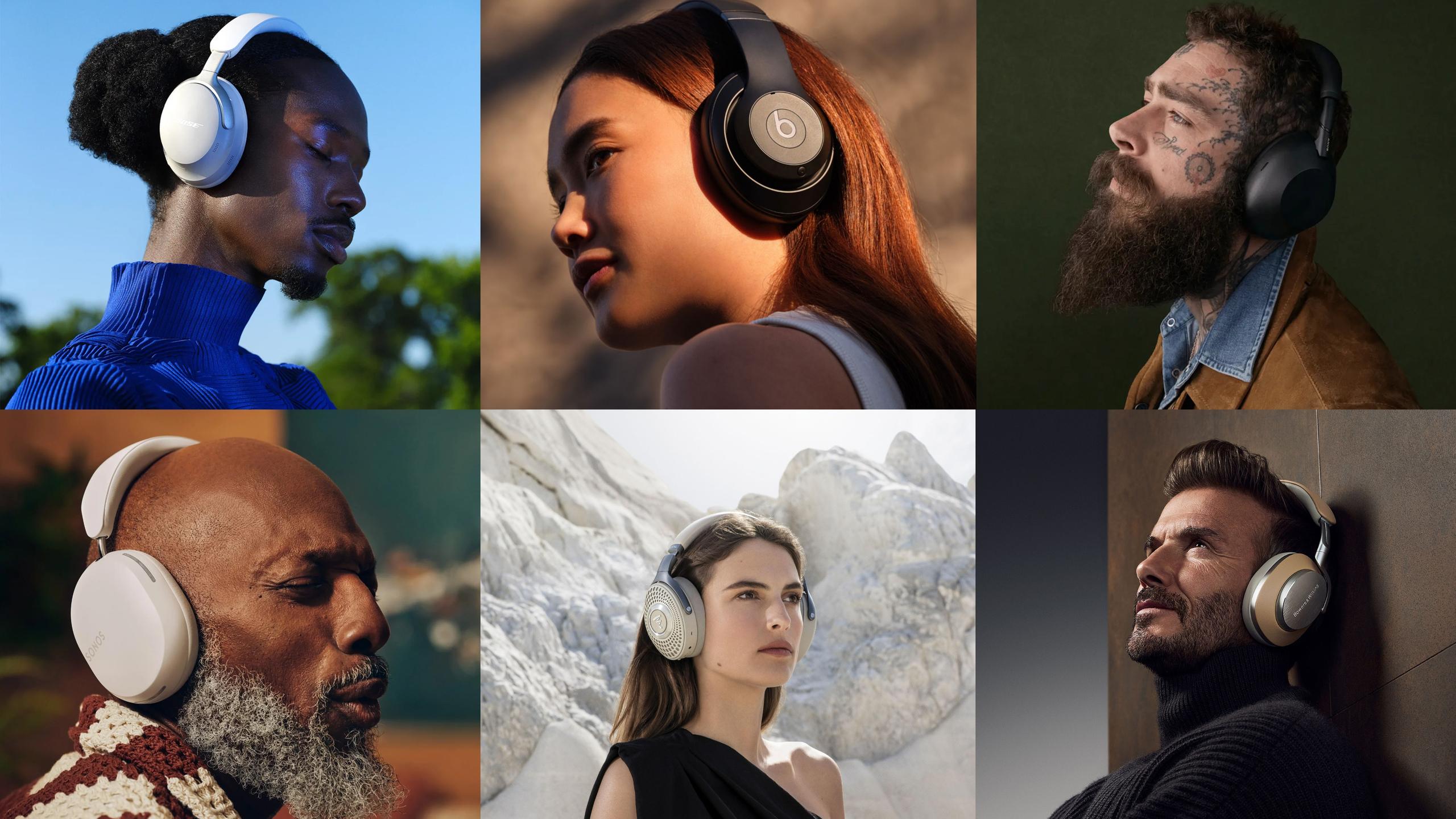 Collage of people wearing various over-ear headphones.