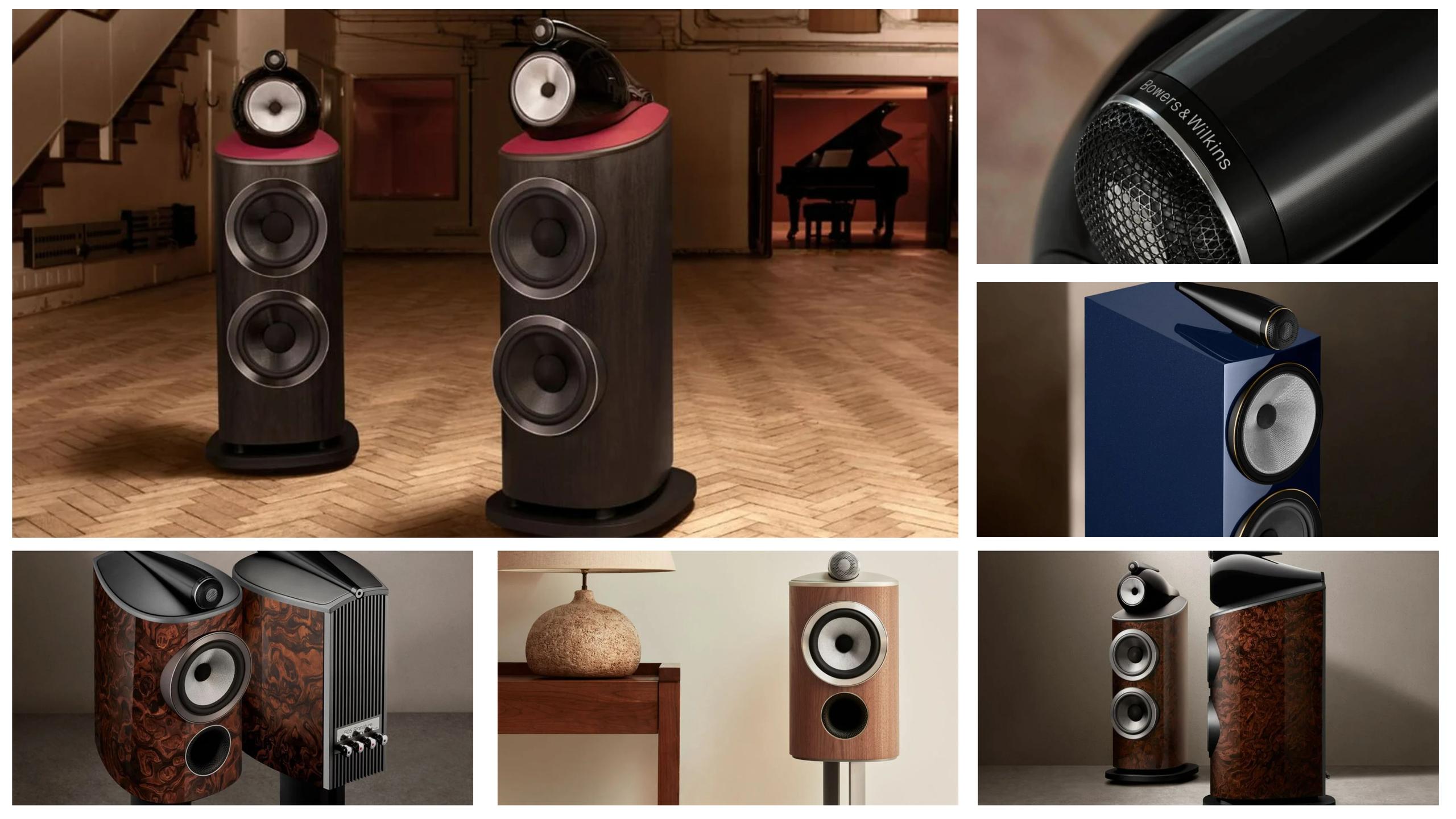 Collage of Bowers & Wilkins high-end speakers.