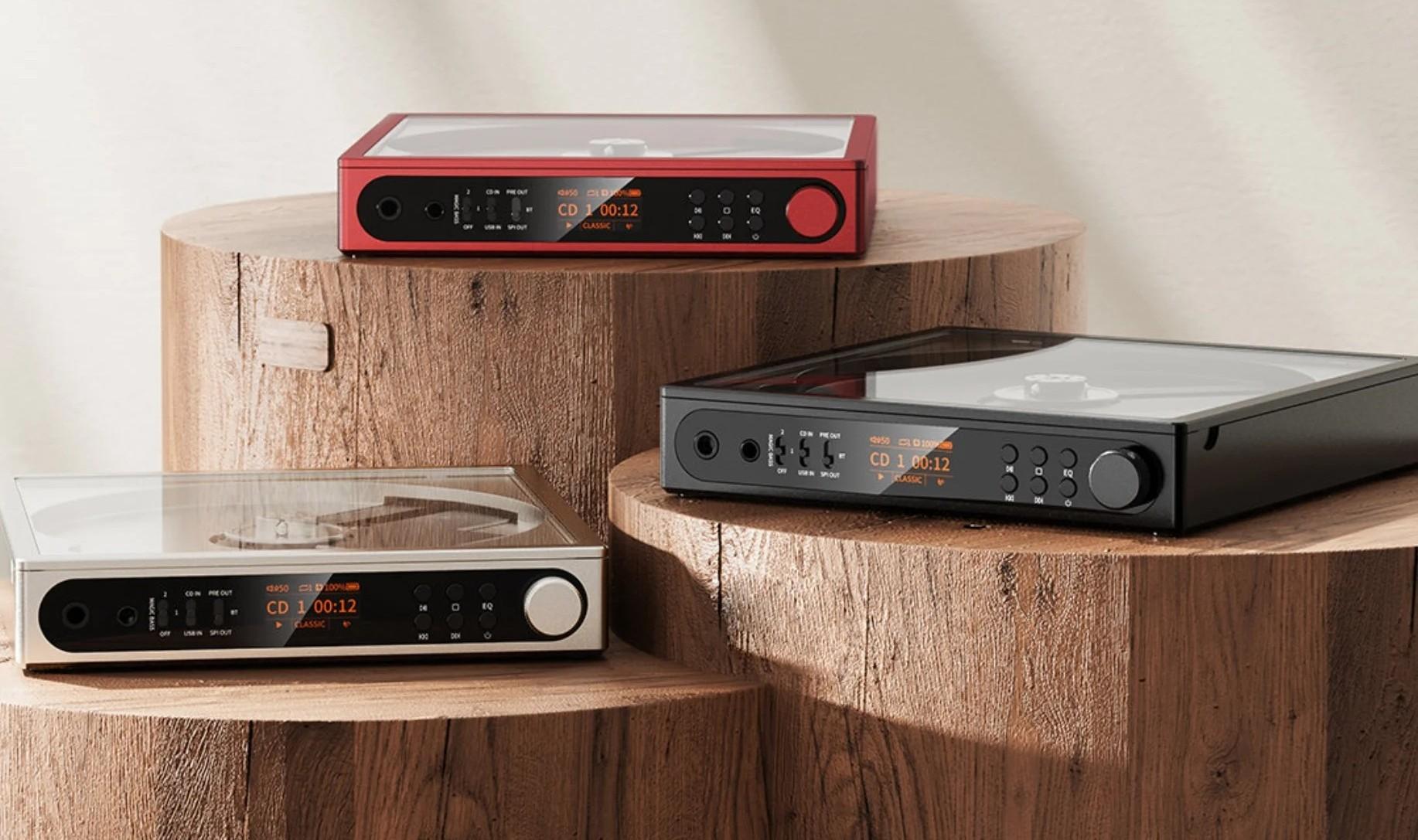 FiiO DM15 R2R CD player in three different colors: red, black and white.