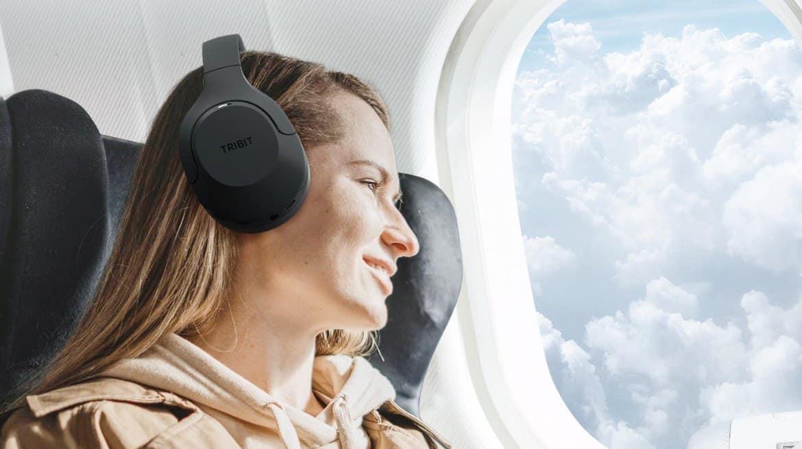 Tribit QuietPlus 81 headphones worn during flight